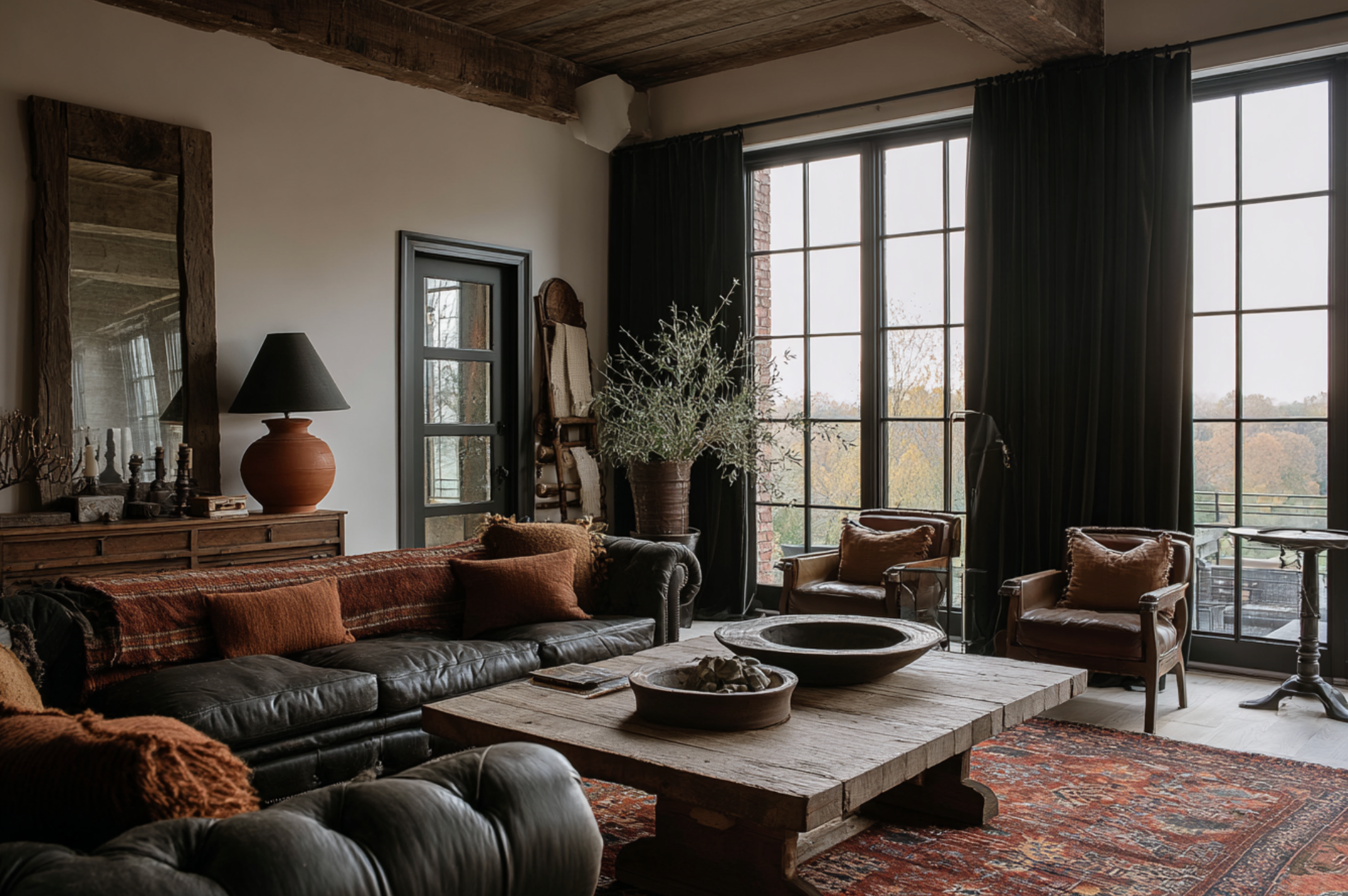 Vintage furniture in a serene living room with reclaimed wood table and soft earthy tones – Hello Norden