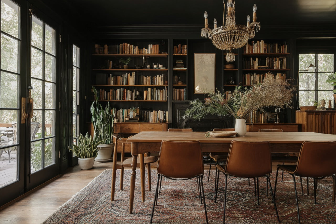 Warm dining room with wooden table, leather chairs, vintage rug, built-in bookshelves, and chandelier, framed by French doors and large windows.