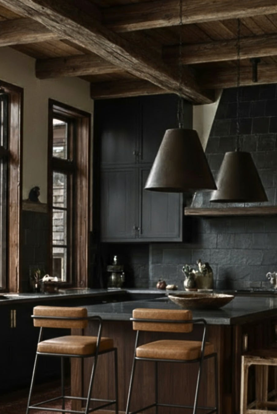 Modern Rustic Kitchen with Reclaimed Beams and Moody Black Cabinets - Hello Norden