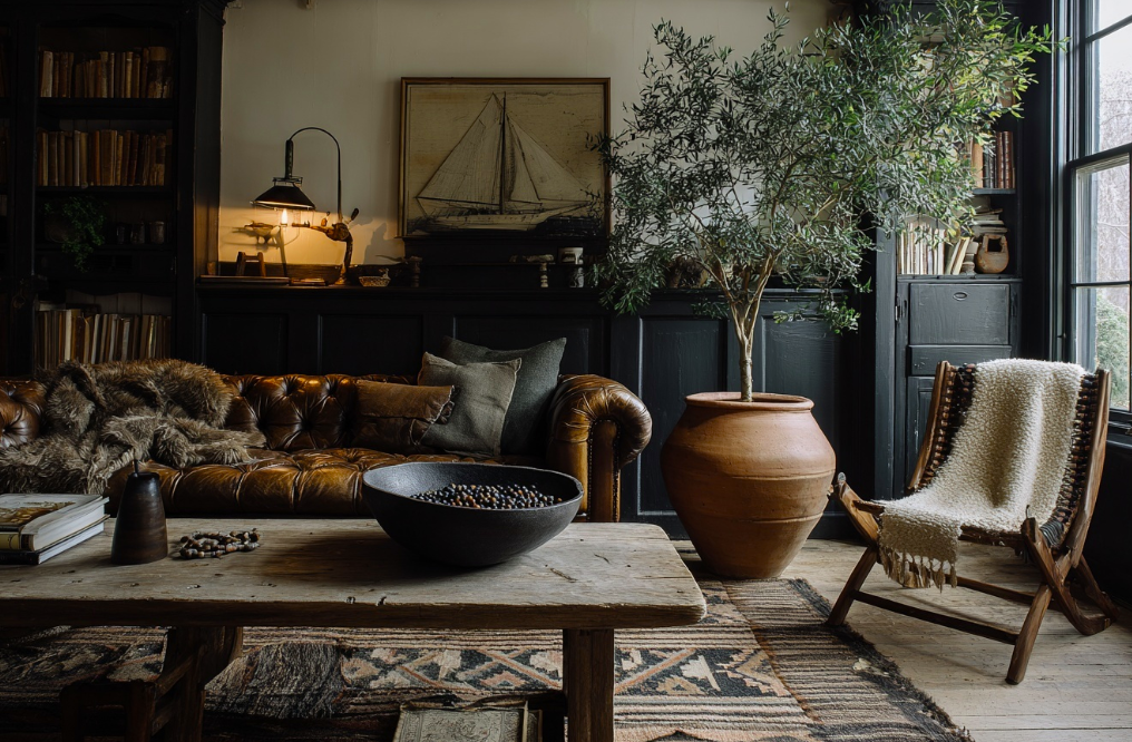 Modern rustic living room with leather sofa, wood coffee table, and layered textures – Hello Norden