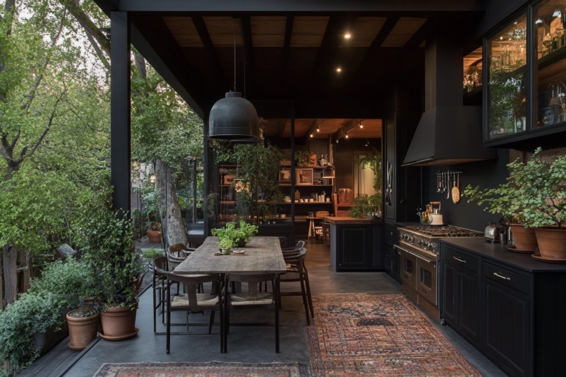 Fall moody industrial outdoor kitchen with black cabinets and countertops