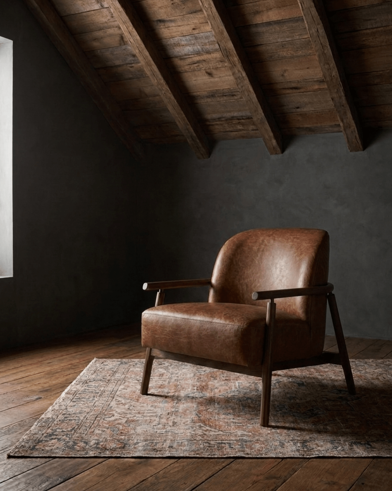 leather mid century living room arm chair with wood arms custom furniture Hello Norden Arlik