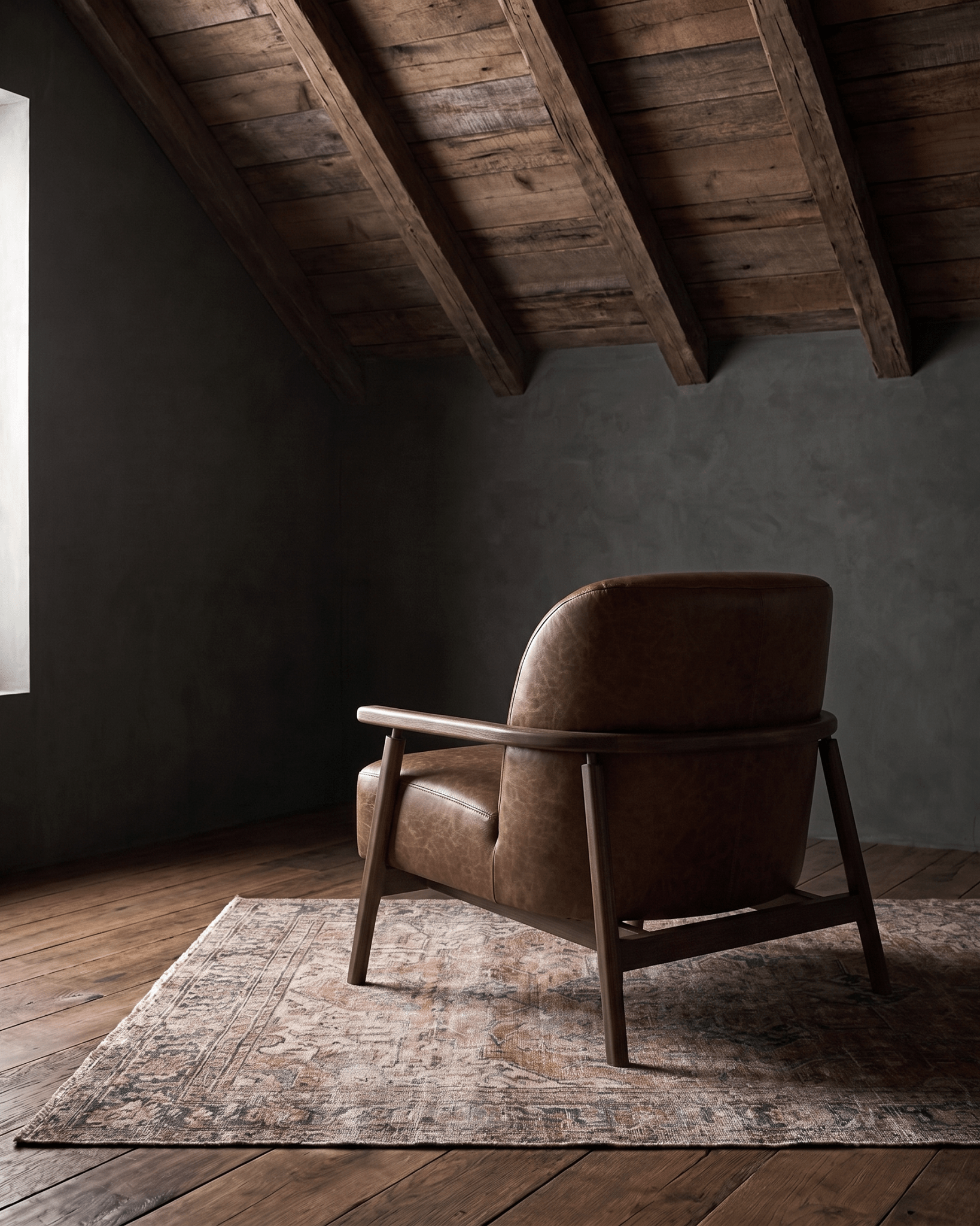 living room custom furniture modern mountain leather chair Hello Norden - Alrik Lounge Chair in St Croix Holm Sweet Holm leather, shown in a rustic modern room