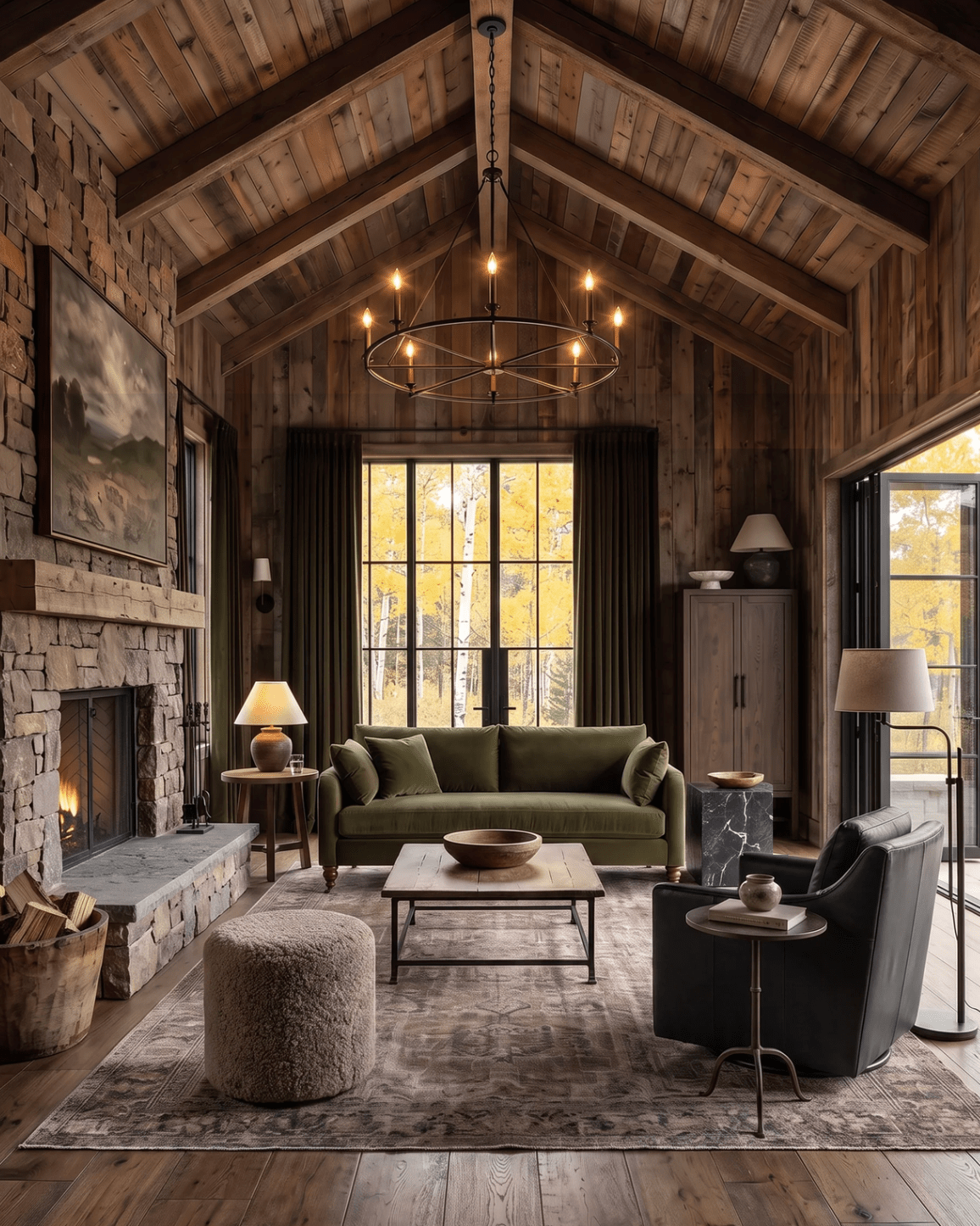 living room furniture modern mountain sofa Hello Norden - Asbjorn Sofa and Scottie swivel lounge chair styled in a modern rustic room custom furniture
