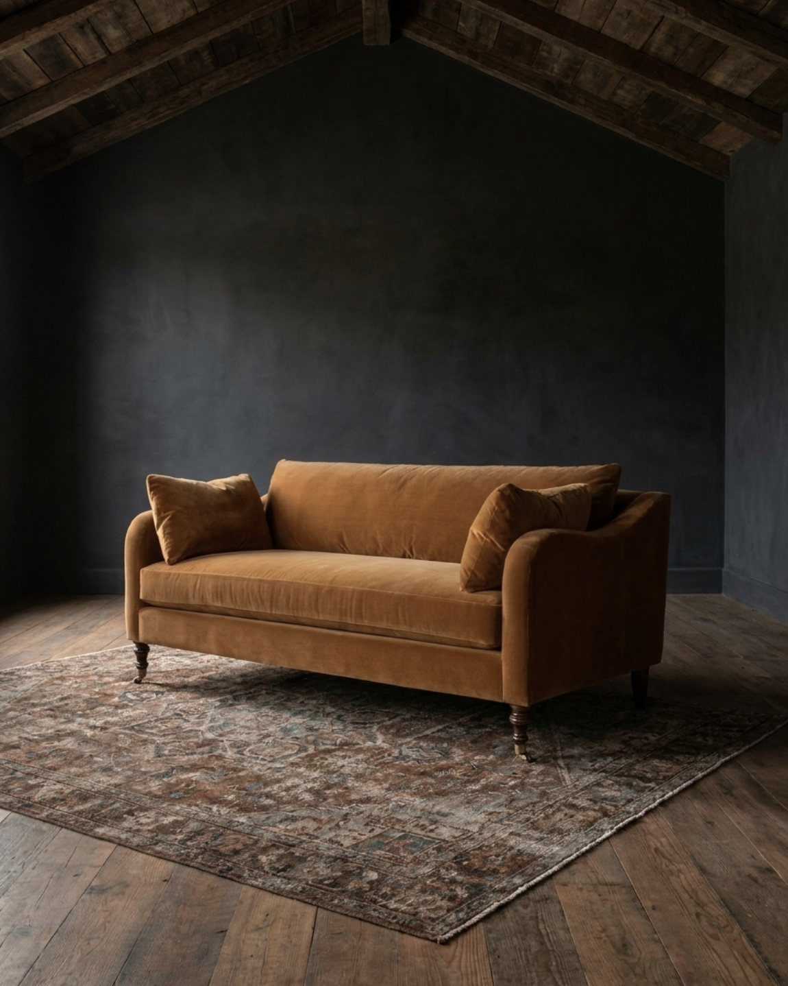 living room custom furniture modern mountain velvet sofa Hello Norden - Asbjorn Sofa in Banks Eco-Performance Velvet in Yam, shown in a rustic modern room