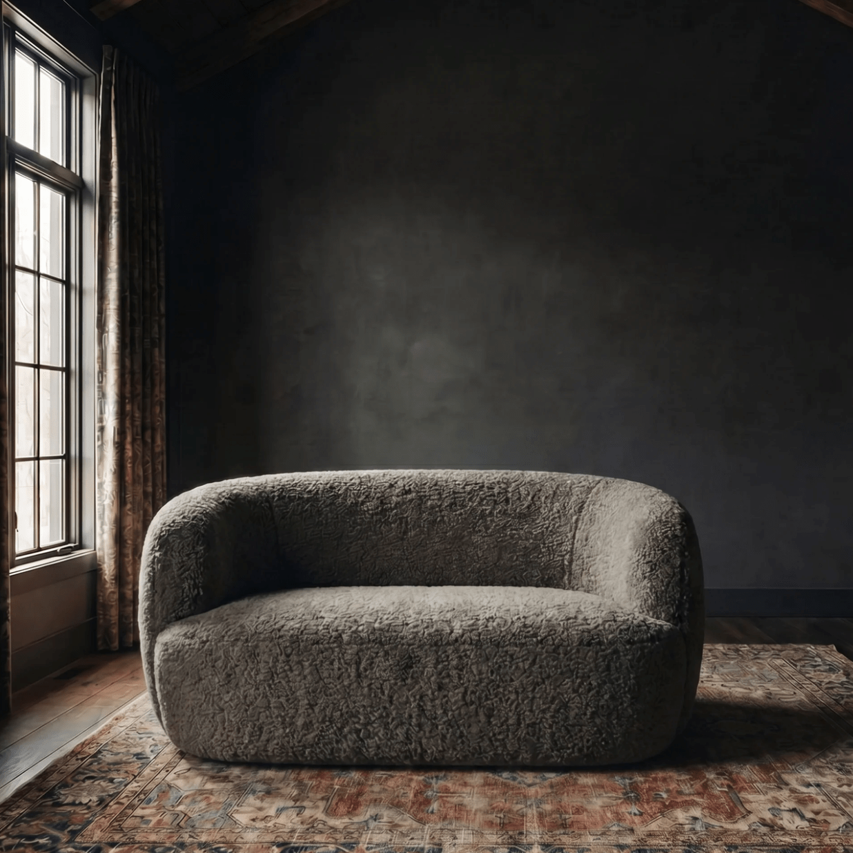 dark sheepskin leather taupe loveseat small modern round couch custom furniture living room mountain modern