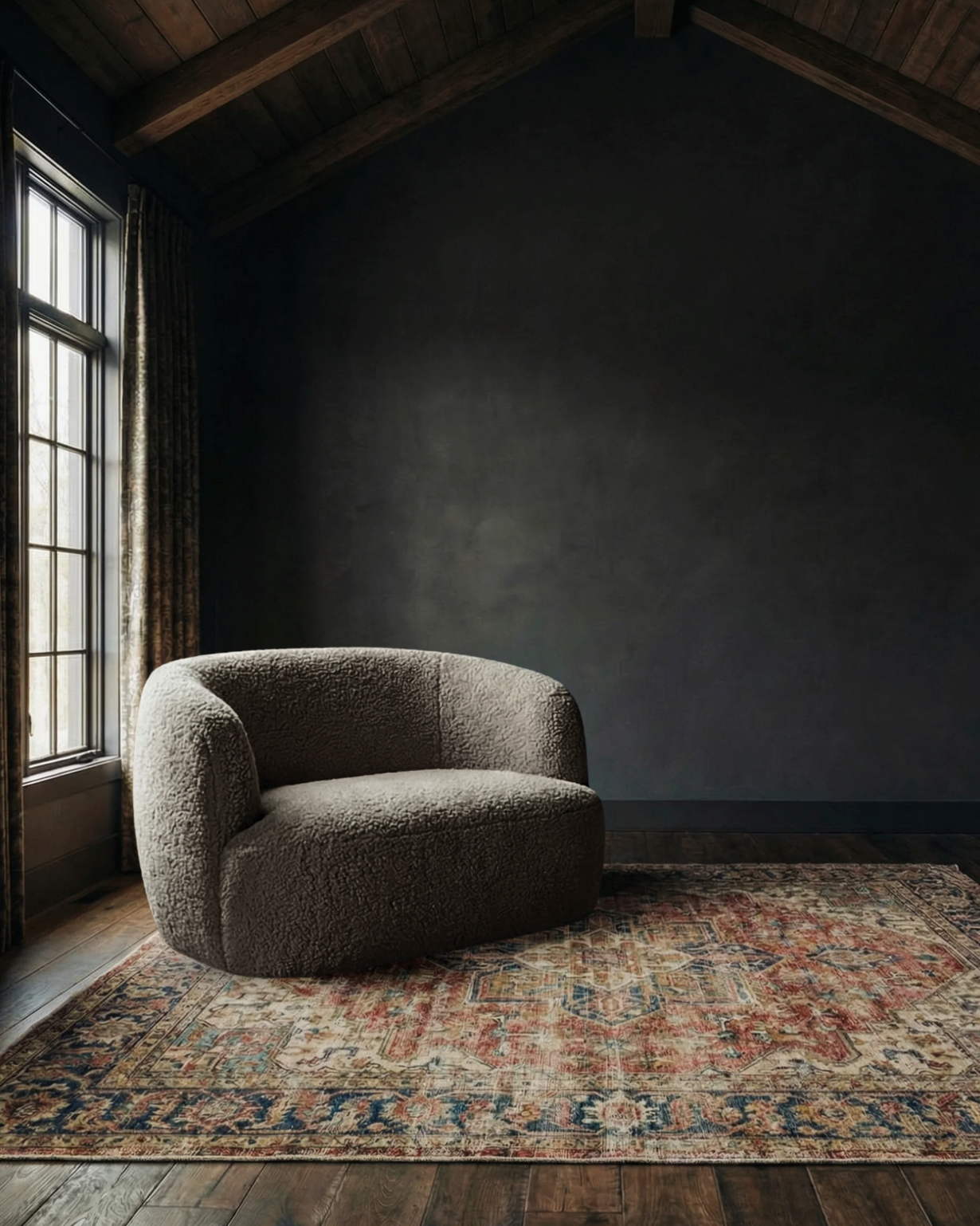 Bella chair and a half dark sheepskin leather taupe loveseat small modern round couch custom furniture living room mountain modern 2
