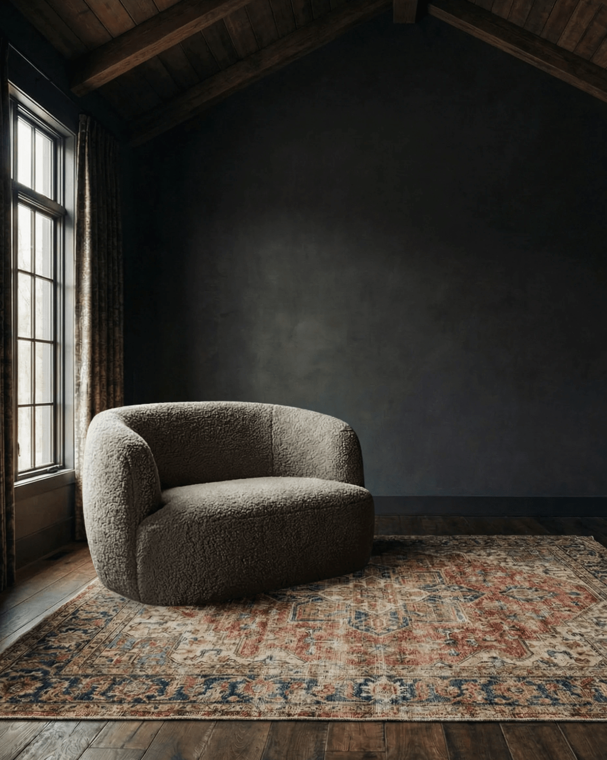 Bella chair and a half dark sheepskin leather taupe loveseat small modern round couch custom furniture living room mountain modern 2