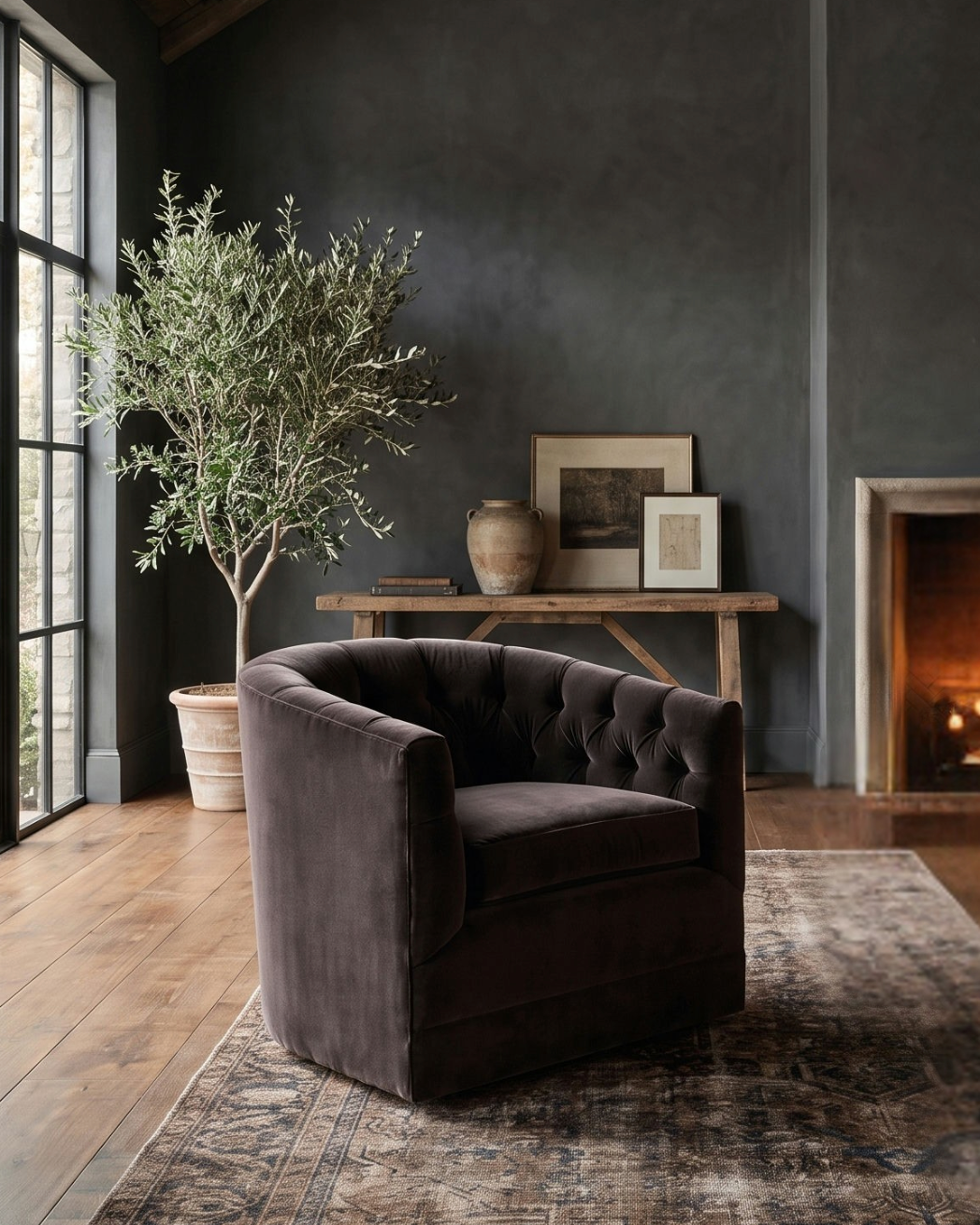 Connor Lounge Chair in Banks Mink Eco-Performance Velvet Custom Living Room Lounge Chair Furniture MOdern Mountain Hello Norden black grey charcoal velvet