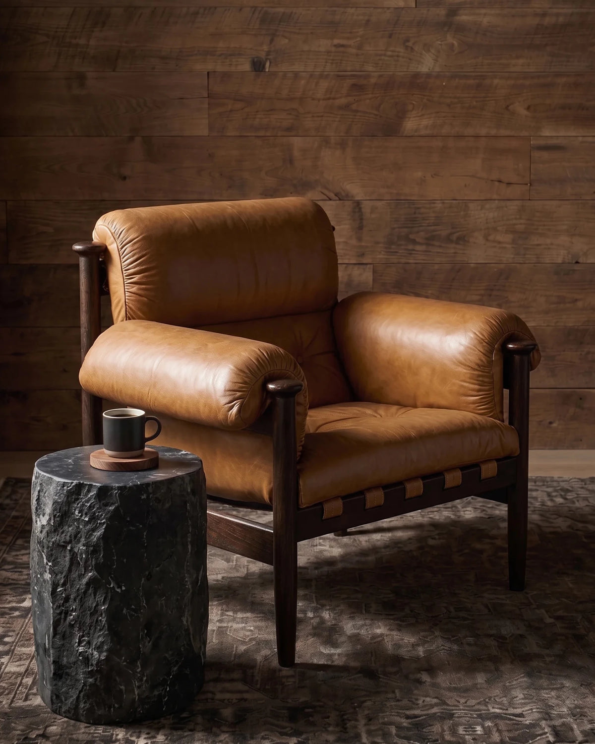 Dag Arm Chair - Lounge Chairs - Hello Norden Modern mountain living room side accent chair brown caramel leather mid century