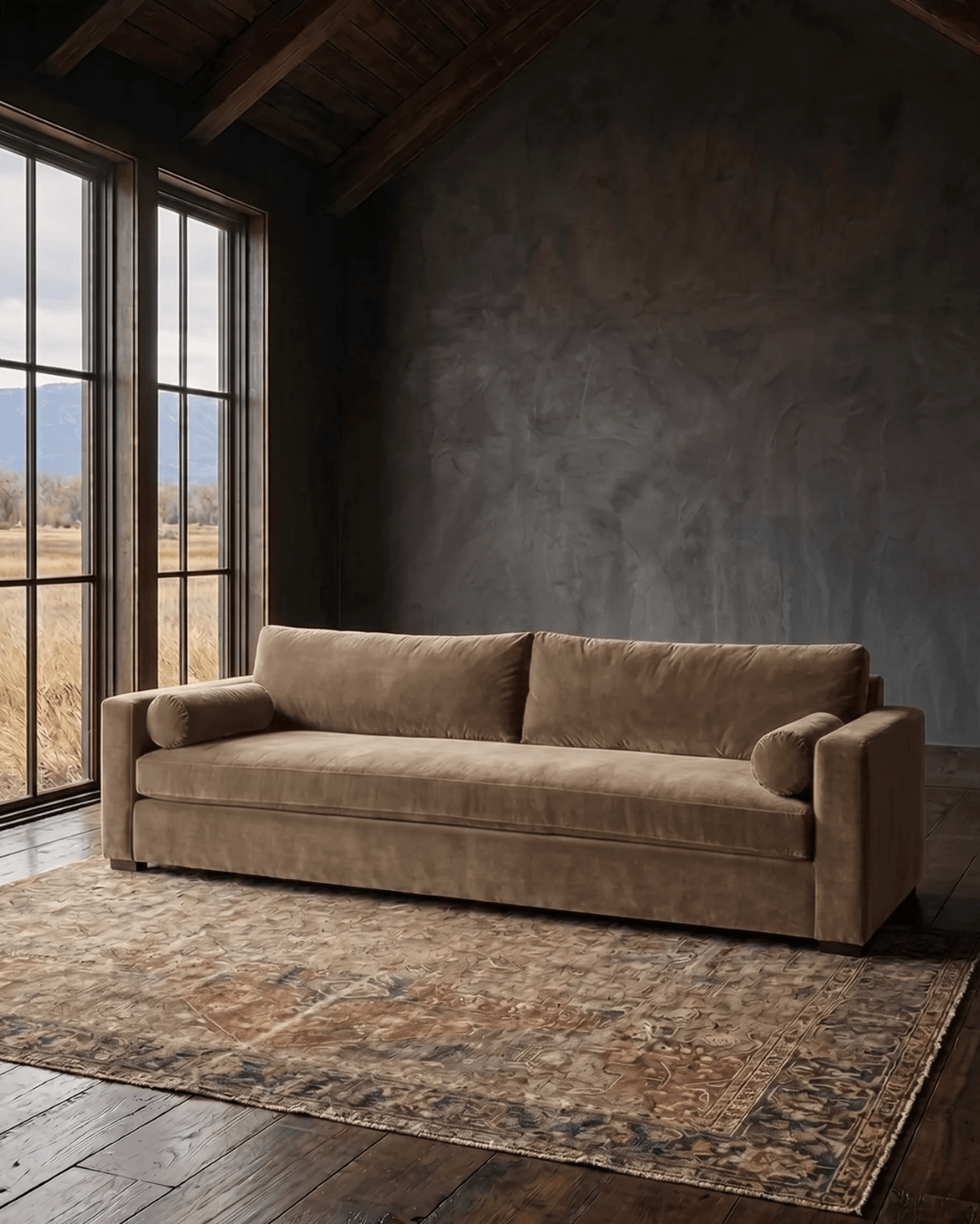 Edda Custom Sofa Couch in Banks Toffee Performance Velvet Tan velvet Hello Norden Modern Mountain living room custom furniture