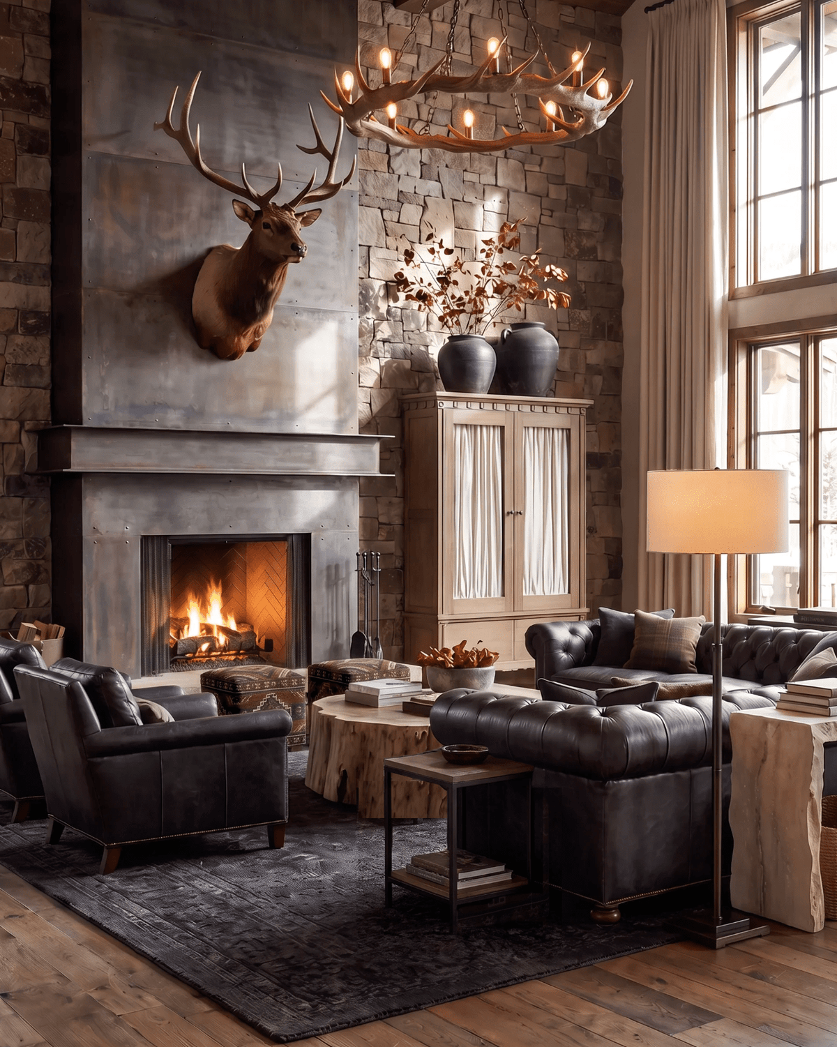 living room furniture modern mountain cabinet Hello Norden - Olav Tall Cabinet Light Oak Natural Stain. Farmhouse tall cabinet with linen shade behind glass