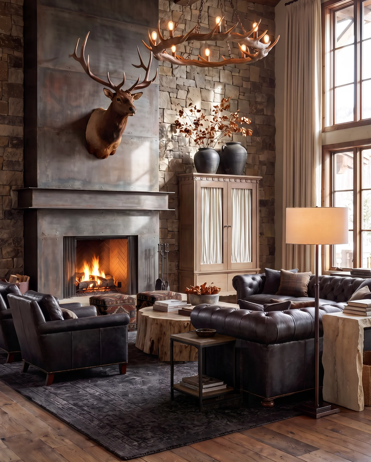living room furniture modern mountain cabinet Hello Norden - Olav Tall Cabinet Light Oak Natural Stain. Farmhouse tall cabinet with linen shade behind glass