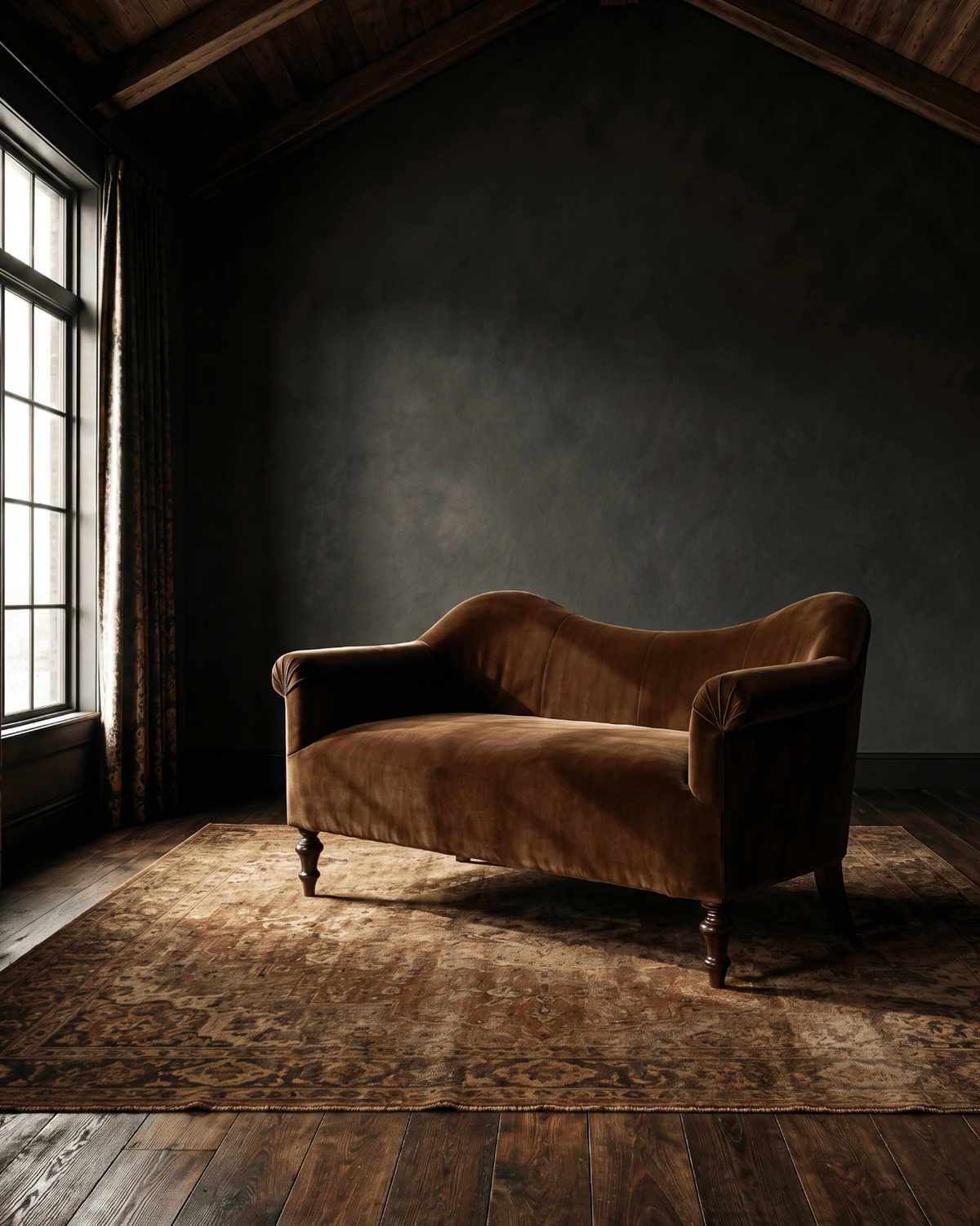 A vintage-style brown velvet chaise lounge with dark wooden legs, positioned on a distressed brown patterned area rug in a dimly lit attic room with dark textured walls and a window on the left. Modern Mountain living room custom furniture