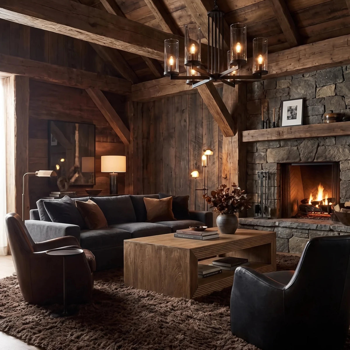 A rustic, cozy living room with a dark gray sectional sofa, a wooden coffee table, two black leather armchairs, a large brown shag rug, and a stone fireplace with a fire burning inside. The room features a high wooden-beamed ceiling and a hanging multi-light chandelier.
