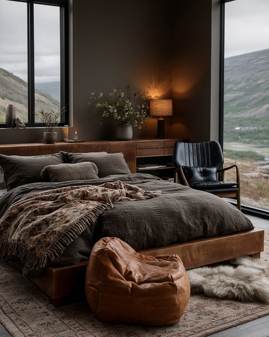 Gustav black leather lounge chair mid century wood