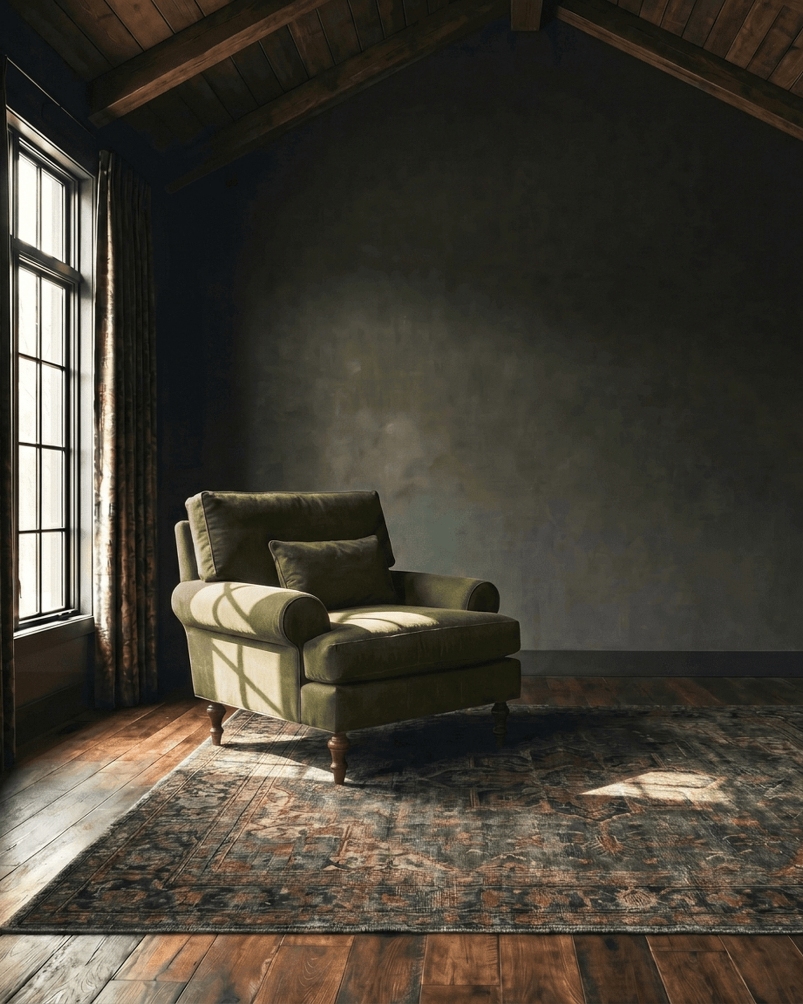 living room custom furniture modern mountain velvet chair Hello Norden - Halden Chair in Banks Olive - Velvet, shown in a rustic modern room
