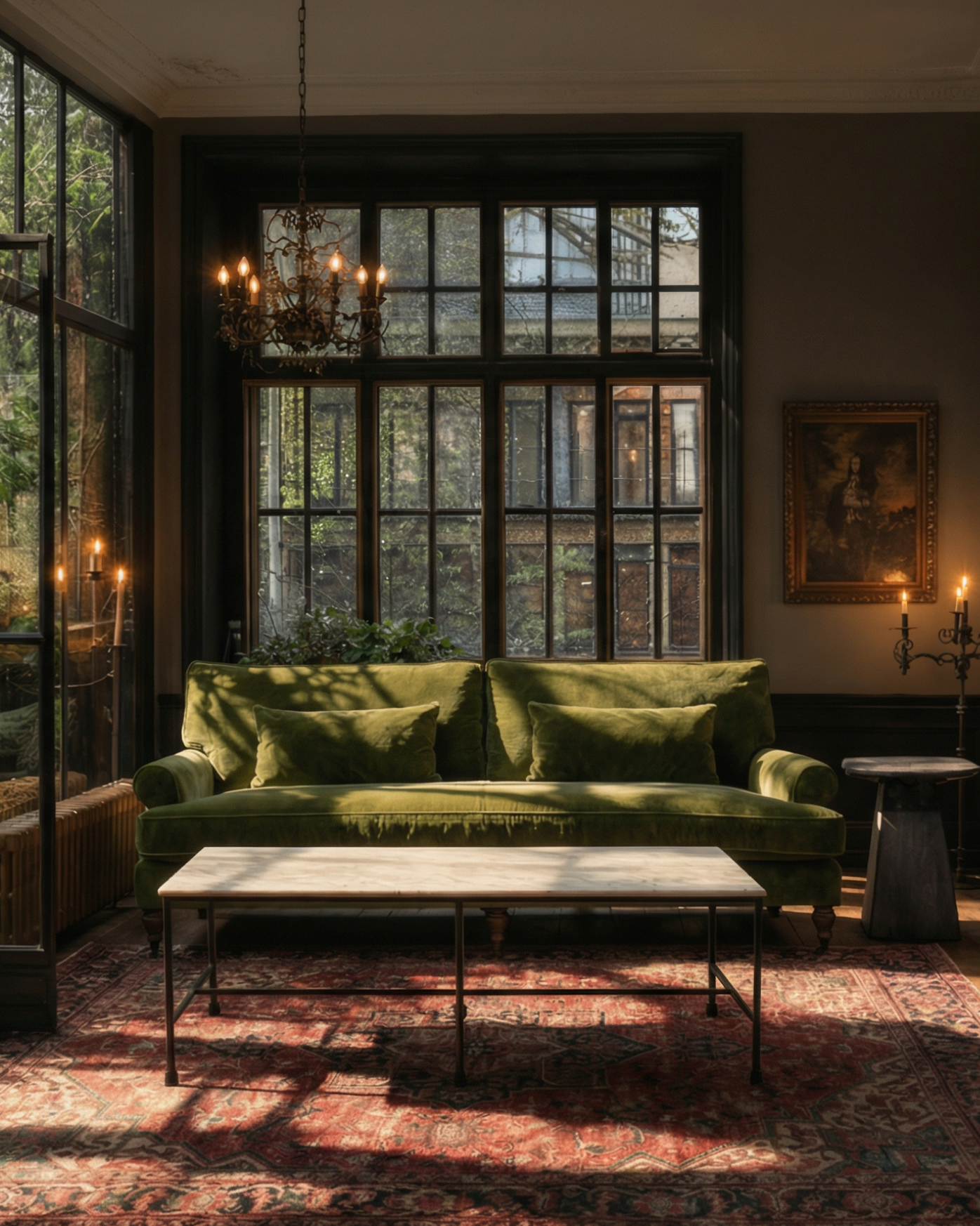 Halden Olive Green velvet sofa traditional greenhouse living room design Hello Norden