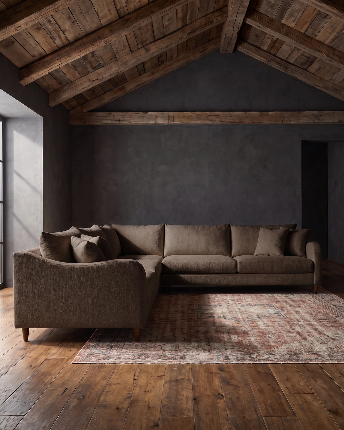 living room custom furniture modern mountain leather sectional Hello Norden - Harald Sectional custom living room sectional Grounded Brown Green Linen Performance Fabric