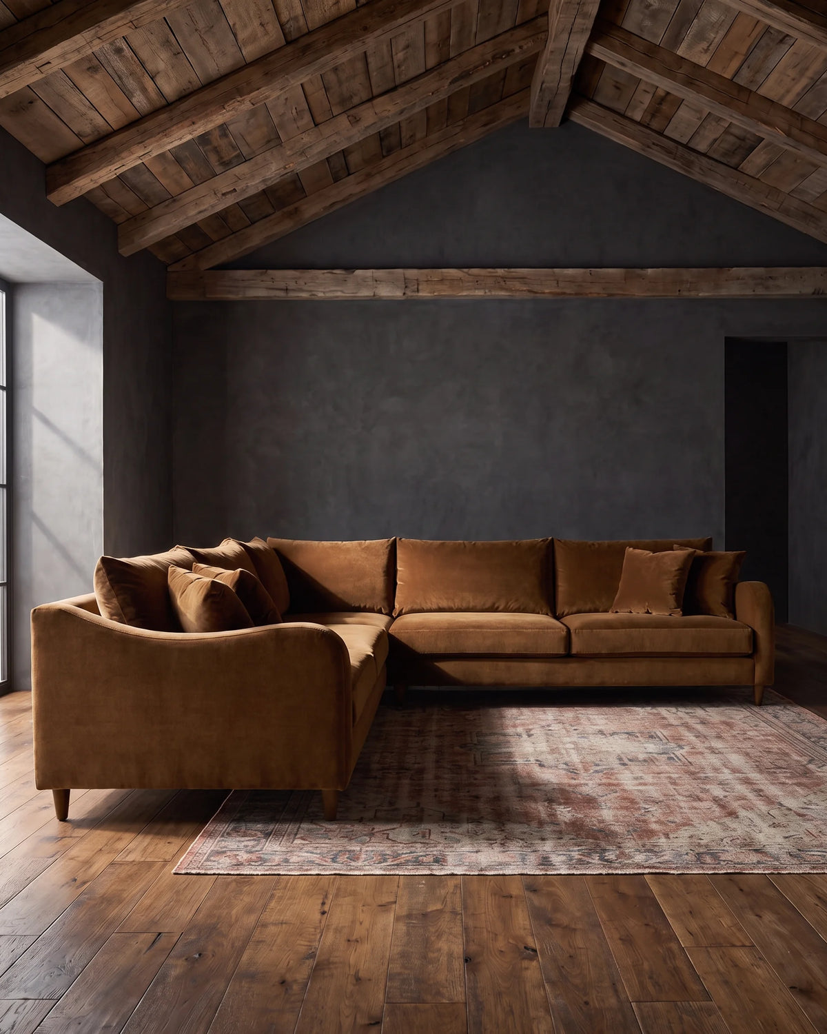 living room custom furniture modern mountain leather sectional Hello Norden - Harald Sectional custom living room sectional Cognac Velvet Performance Fabric