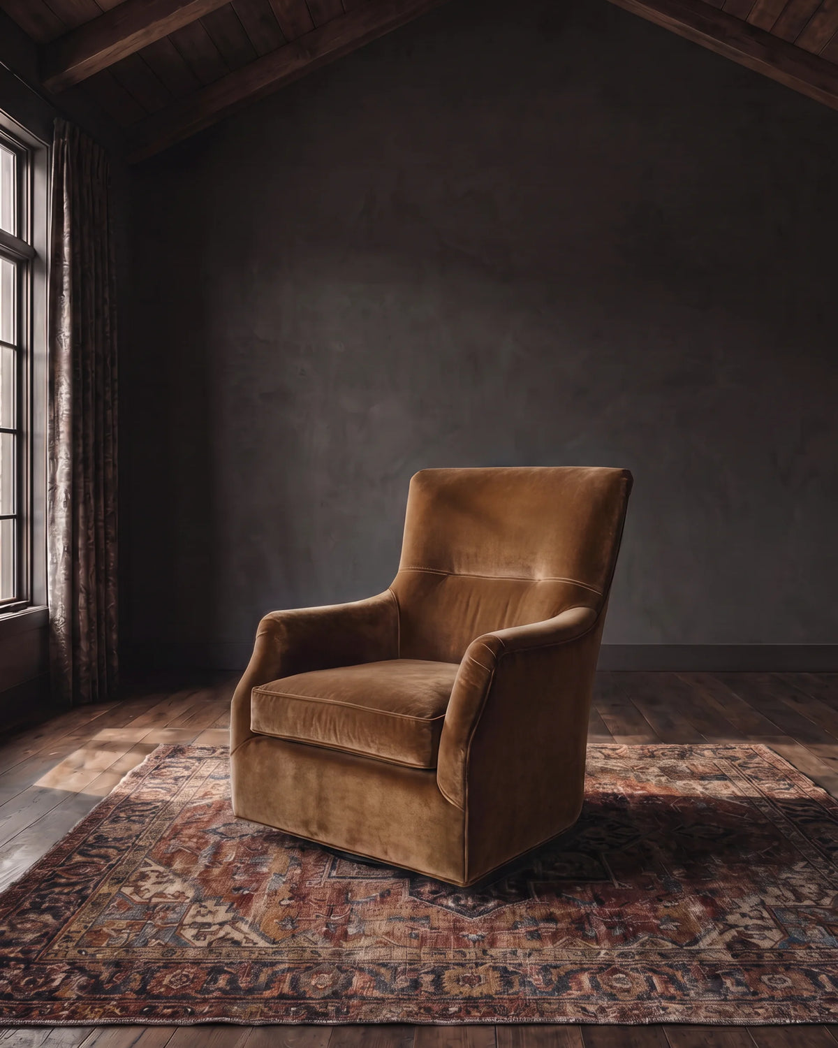 Banks Tobacco Custom Living Room caramel velvet swivel lounge chair Hello Norden tan light brown