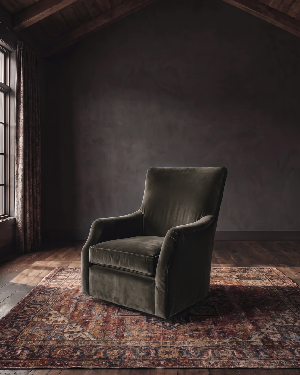 Helge Swivel Chair Banks Cafe Velvet Custom Furniture Living Room Swivel Lounge Chair Brown green moody