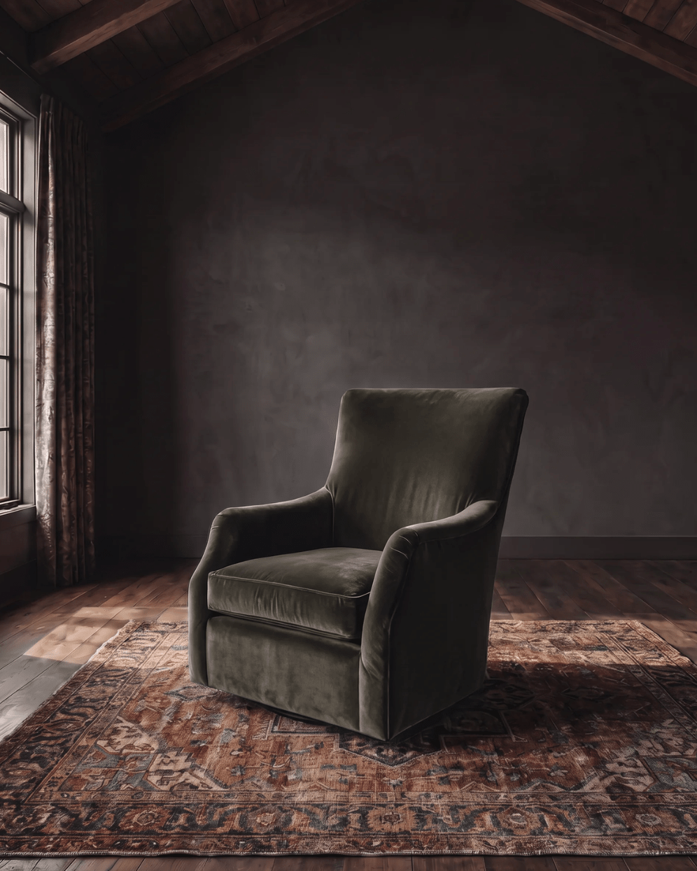 Helge Swivel Chair Banks Cafe Velvet Custom Furniture Living Room Swivel Lounge Chair Brown green moody