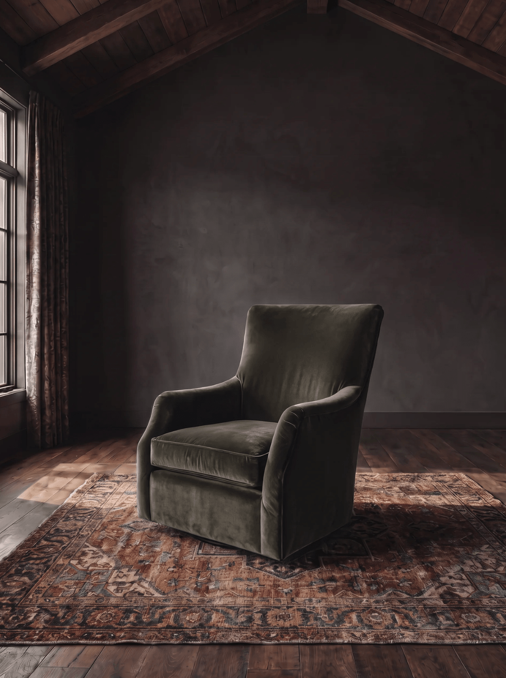 Helge Swivel Chair Banks Cafe Velvet Custom Furniture Living Room Swivel Lounge Chair Brown green moody