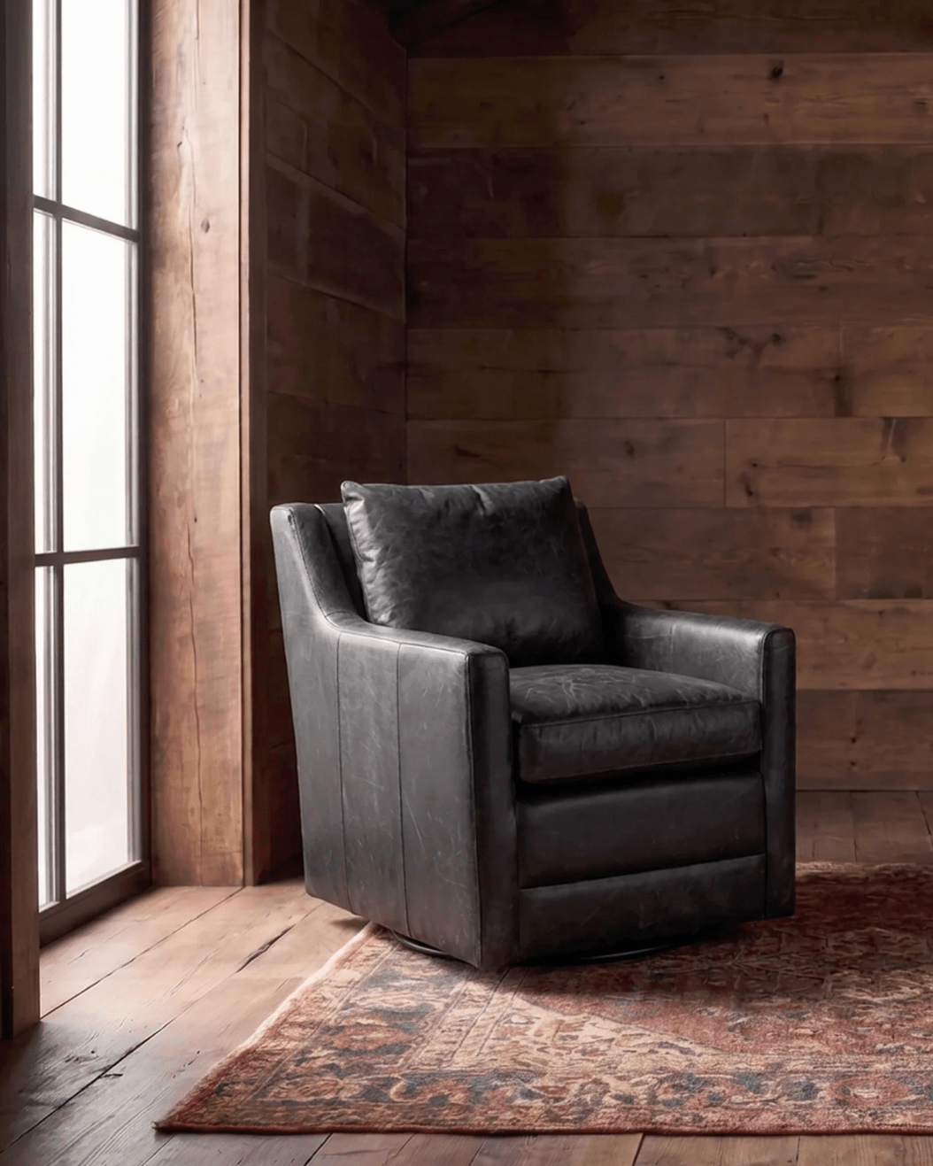 Hello Norden - Edgar Swivel Lounge chair custom living room furniture green velvet and leather