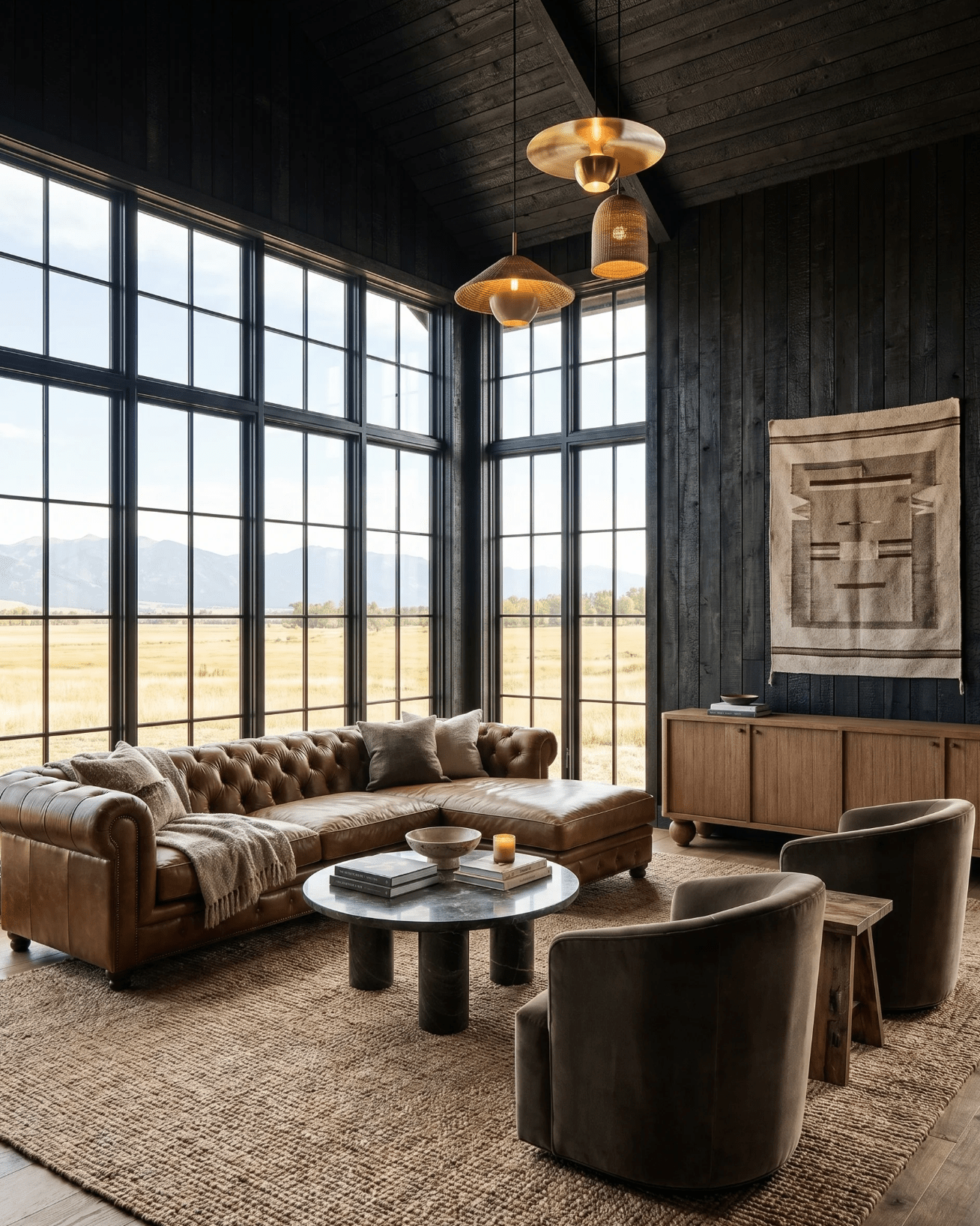 Hello Norden Chesterfield with chaise leather custom furniture modern mountain living room brown leather couch