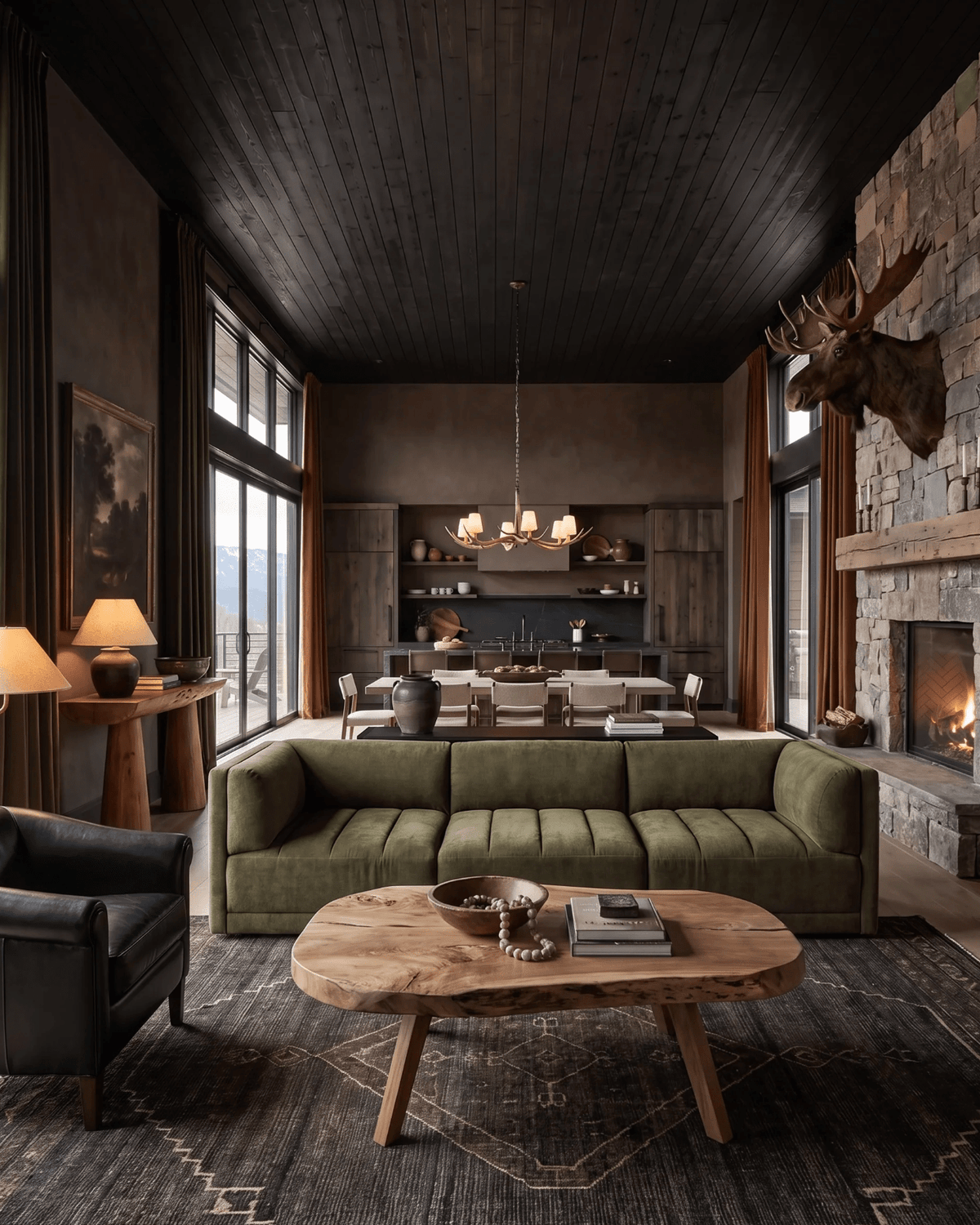 Modern Mountain Moody Living Room Olive Forest Green Channel Tufted Sofa Living Room Furniture Couch