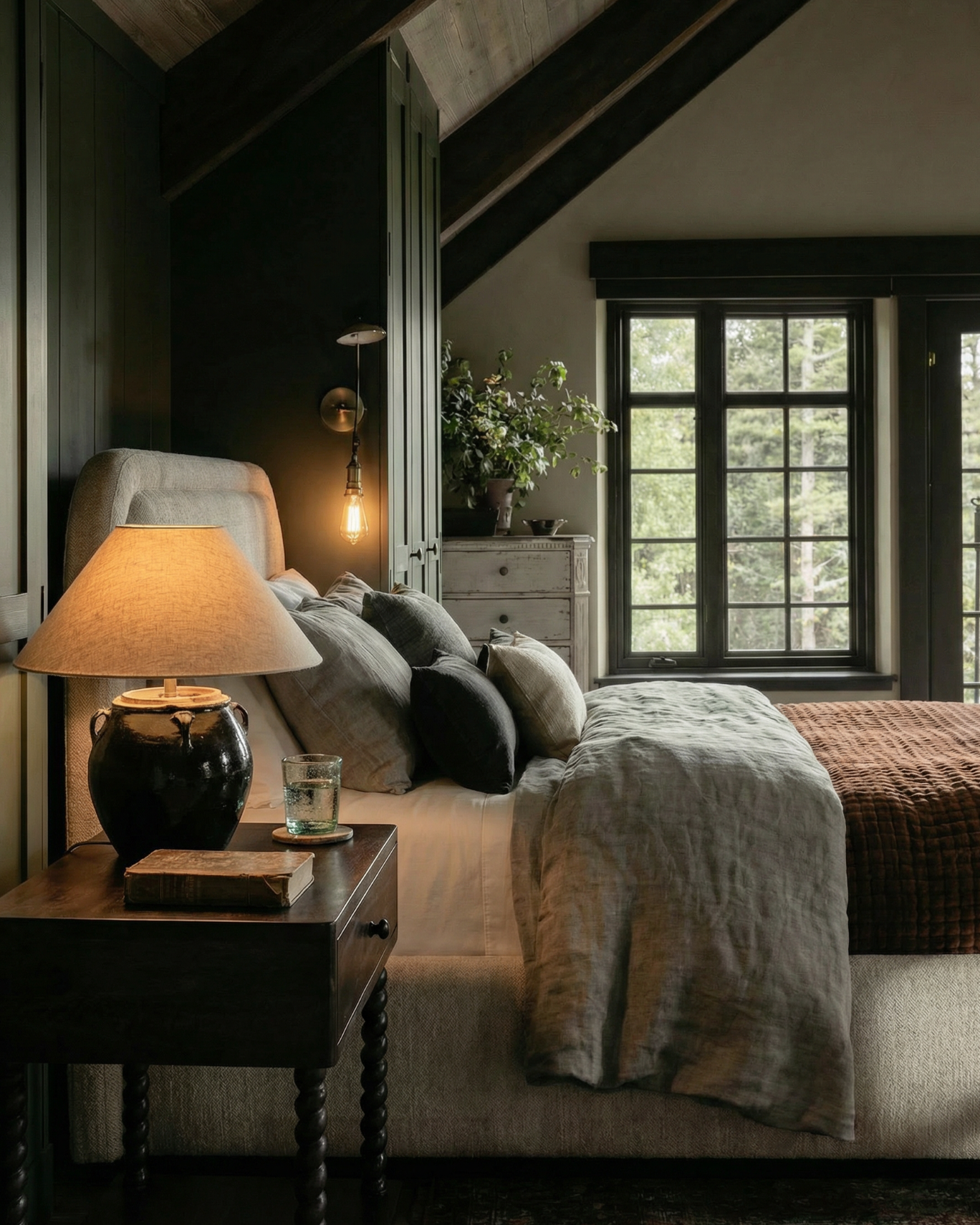 Lamont glazed vintage pot table lamp with linen shade modern mountain farmhouse bedroom Hello Norden