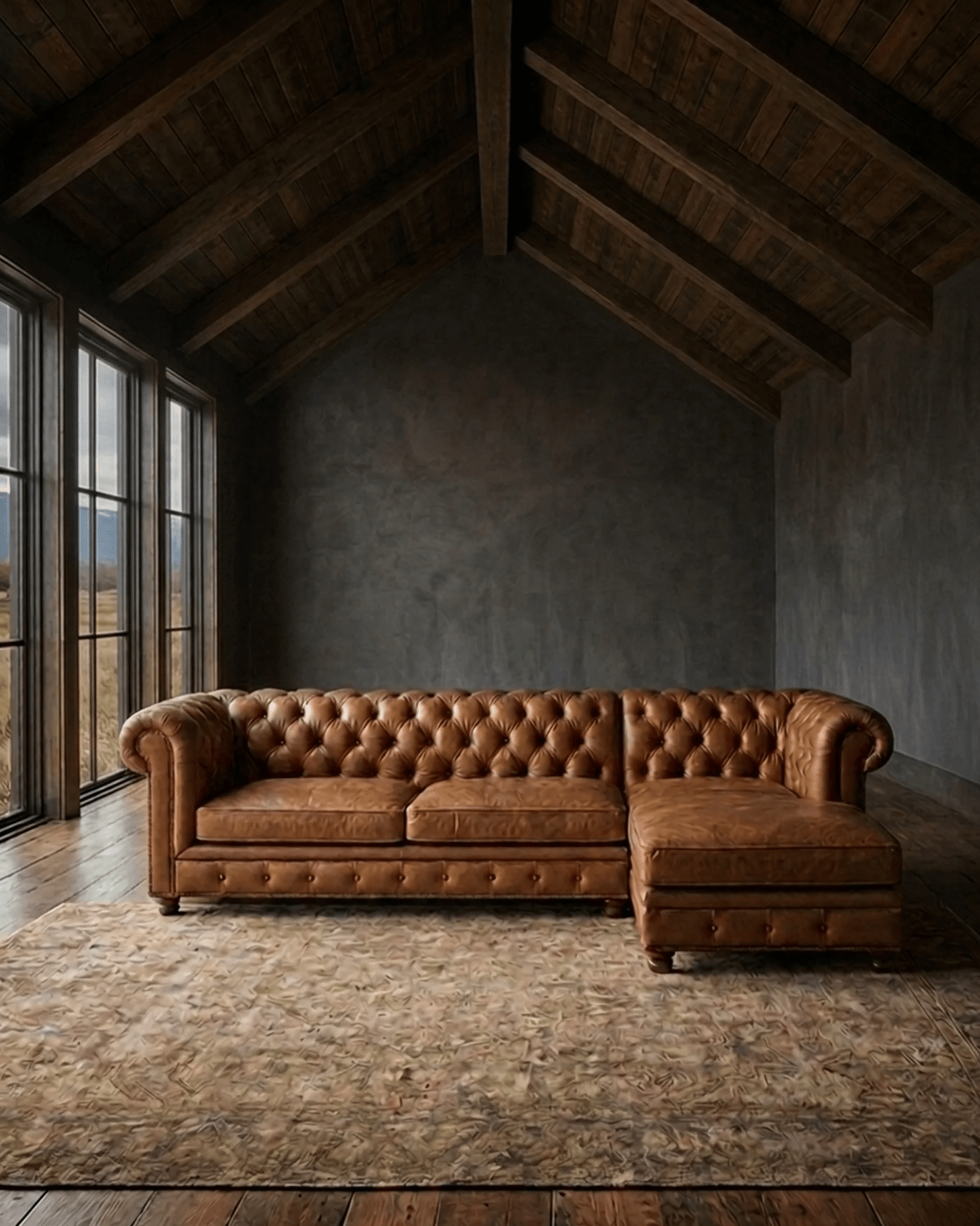 Leather 3-seat chesterfield sectional sofa with chaise end brown caramel custom furniture couch Hello Norden Modern mountain living room