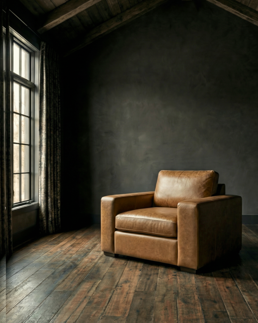 Maxim made to order custom leather performance fabric chunky wide arm RH Maxwell living room chair Hello Norden tan caramel leather