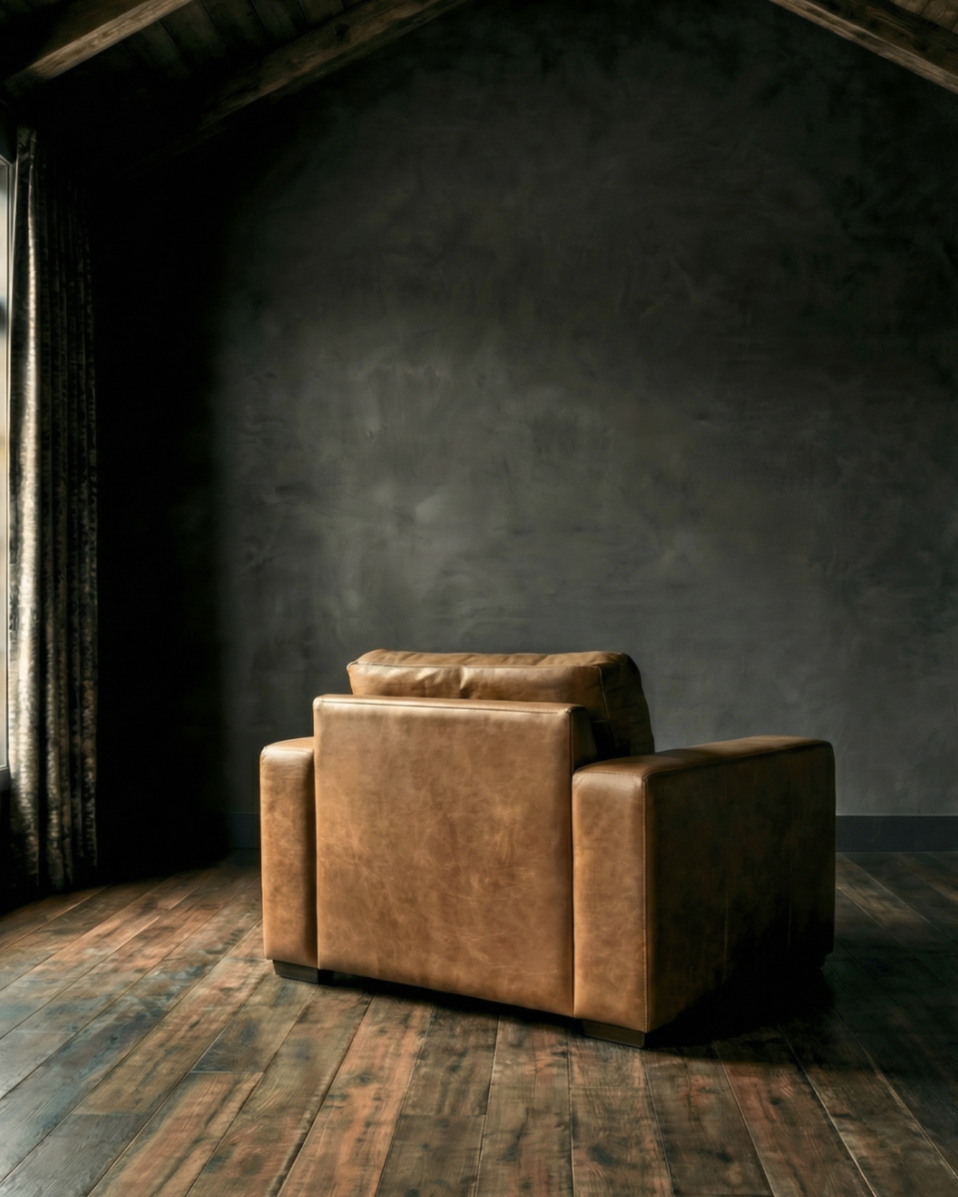 Maxim made to order custom leather performance fabric chunky wide arm RH Maxwell living room chair Hello Norden tan caramel leather brown