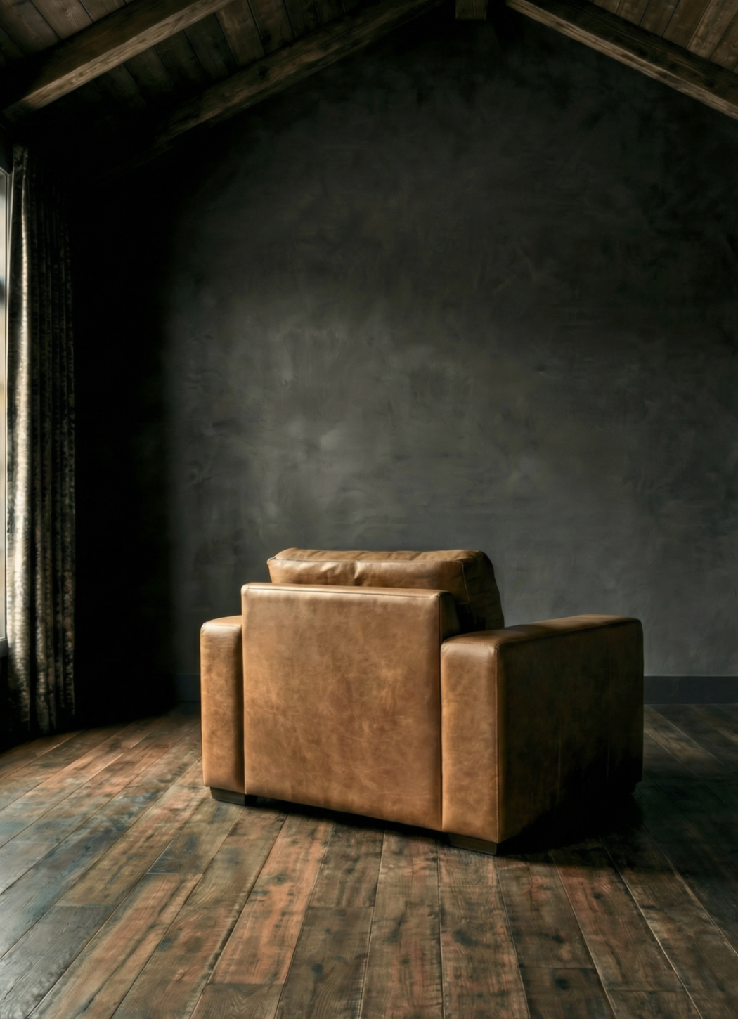 Maxim made to order custom leather performance fabric chunky wide arm RH Maxwell living room chair Hello Norden tan caramel leather brown