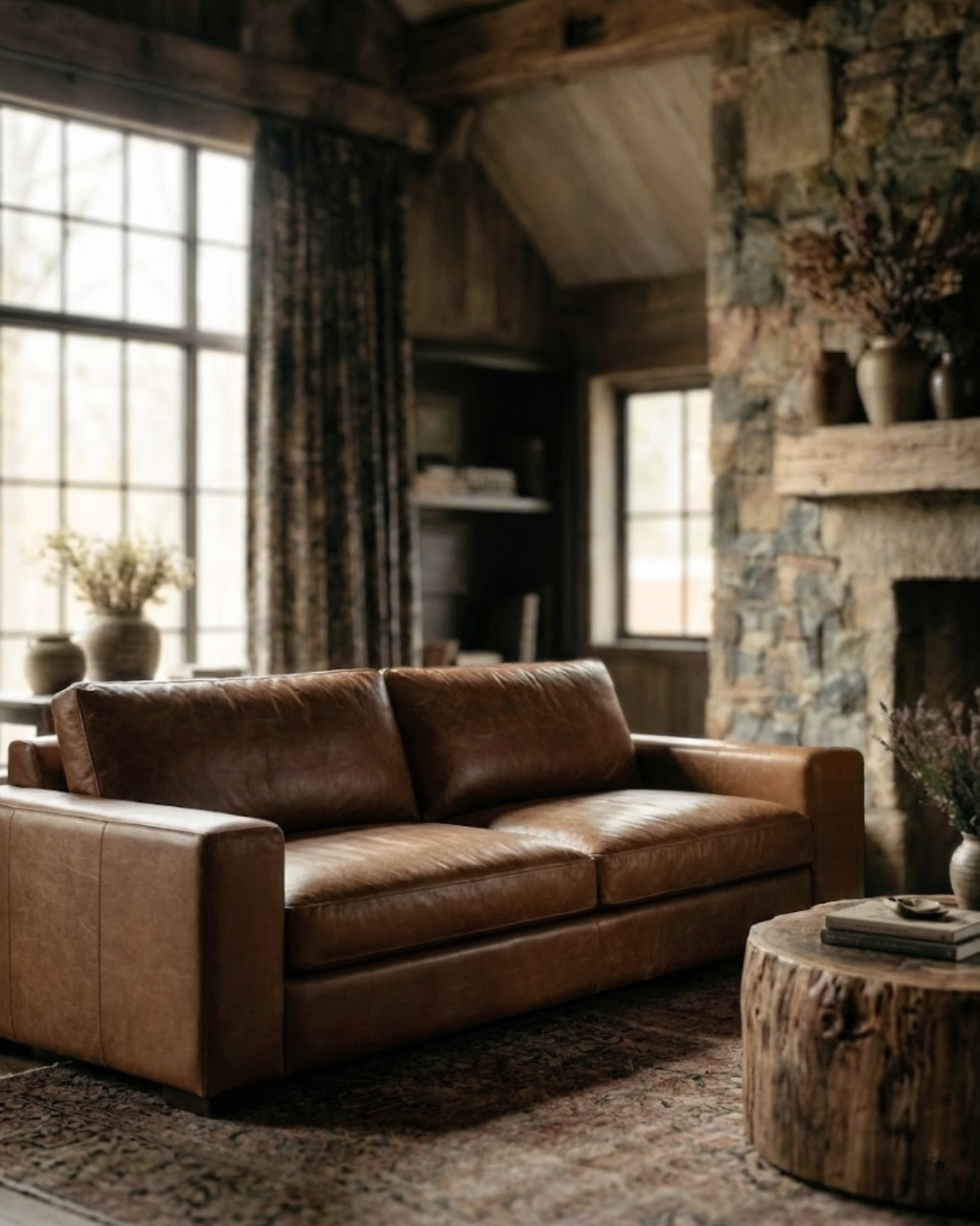 Maxim wide armed low modern couch sofa custom made caramel leather Hello Norden modern mountain house living room furniture