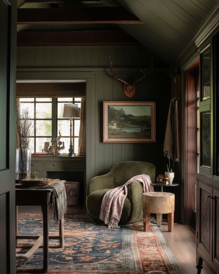 cozy living room green sage olive reading nook chair lounge