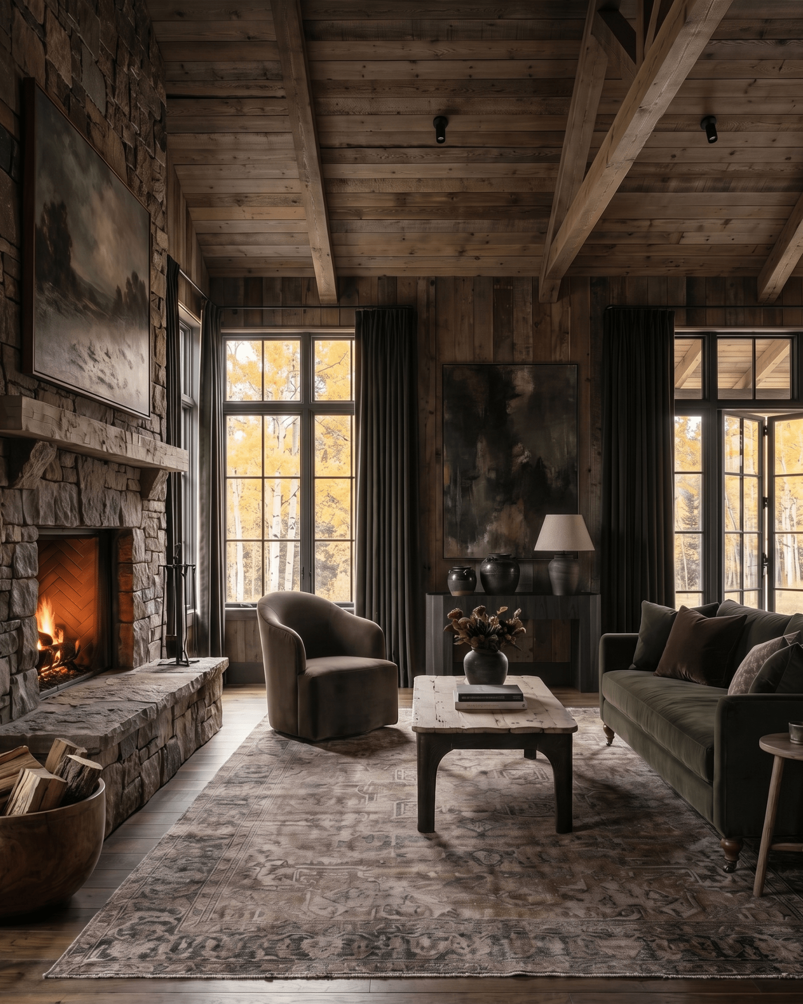 living room furniture modern mountain sofa Hello Norden - Asbjorn Sofa and Scottie swivel lounge chair styled in a modern rustic room