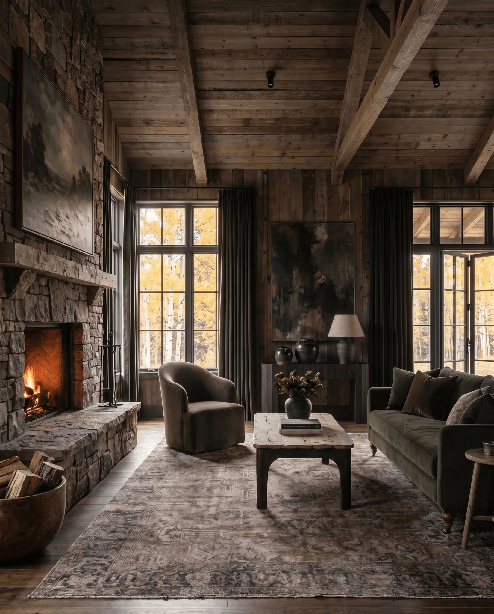 living room furniture modern mountain sofa Hello Norden - Asbjorn Sofa and Scottie swivel lounge chair styled in a modern rustic room