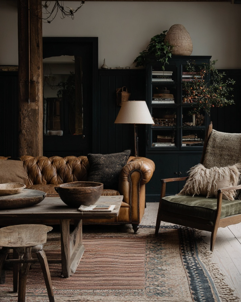 vintage decor with shallow wood bowl and chesterfield leather sofa