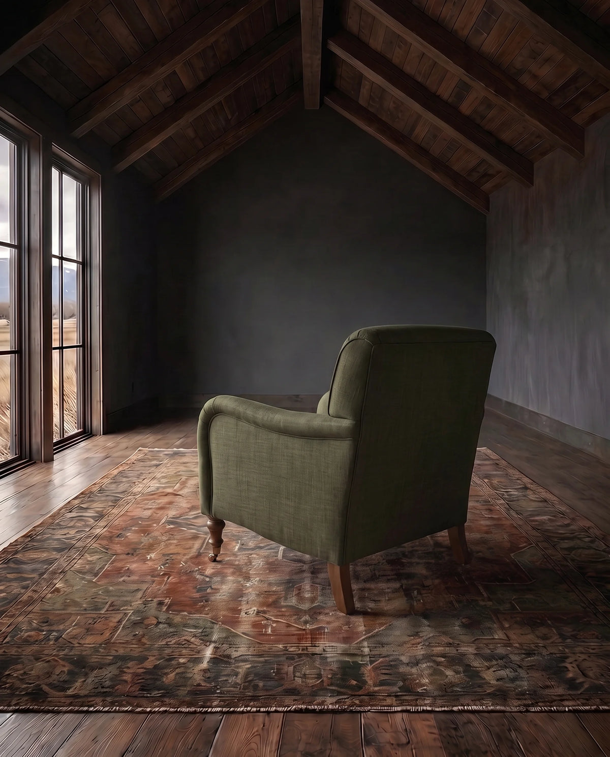living room custom furniture modern mountain linen chair Hello Norden - Simen Lounge Chair in our Eco-Performance Linen in Loden, shown in a rustic modern room
