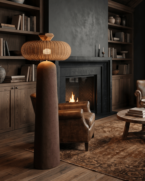 A cozy, rustic living room with dark wood ceiling beams, a fireplace, leather armchairs, a round coffee table, and a large window looking out onto a forest. Modern Rustic Floor lamp modern mountain living room furniture.