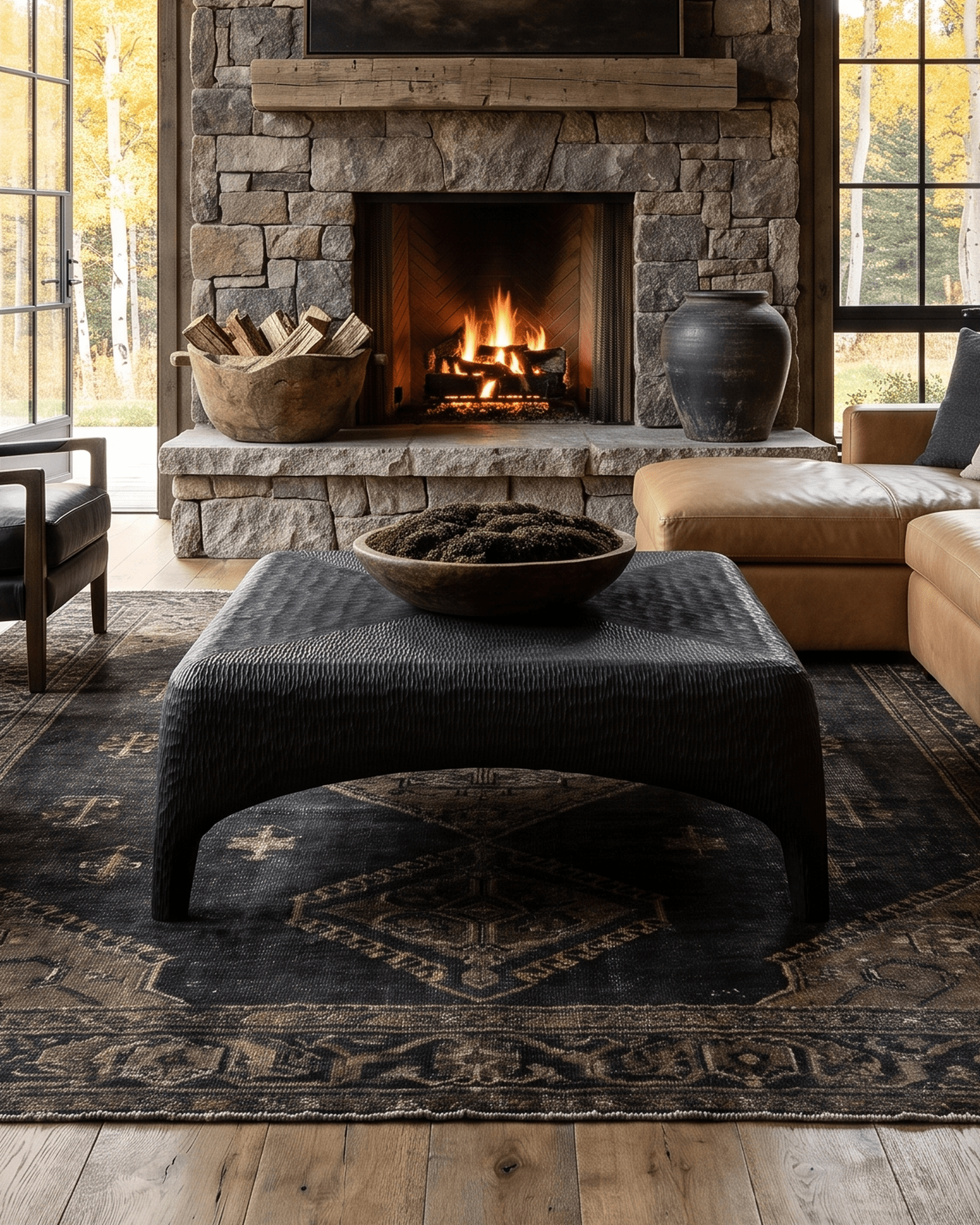 living room modern mountain carved wood coffee table Hello Norden - Alvhild Coffee Table, shown in a rustic modern room, close-up