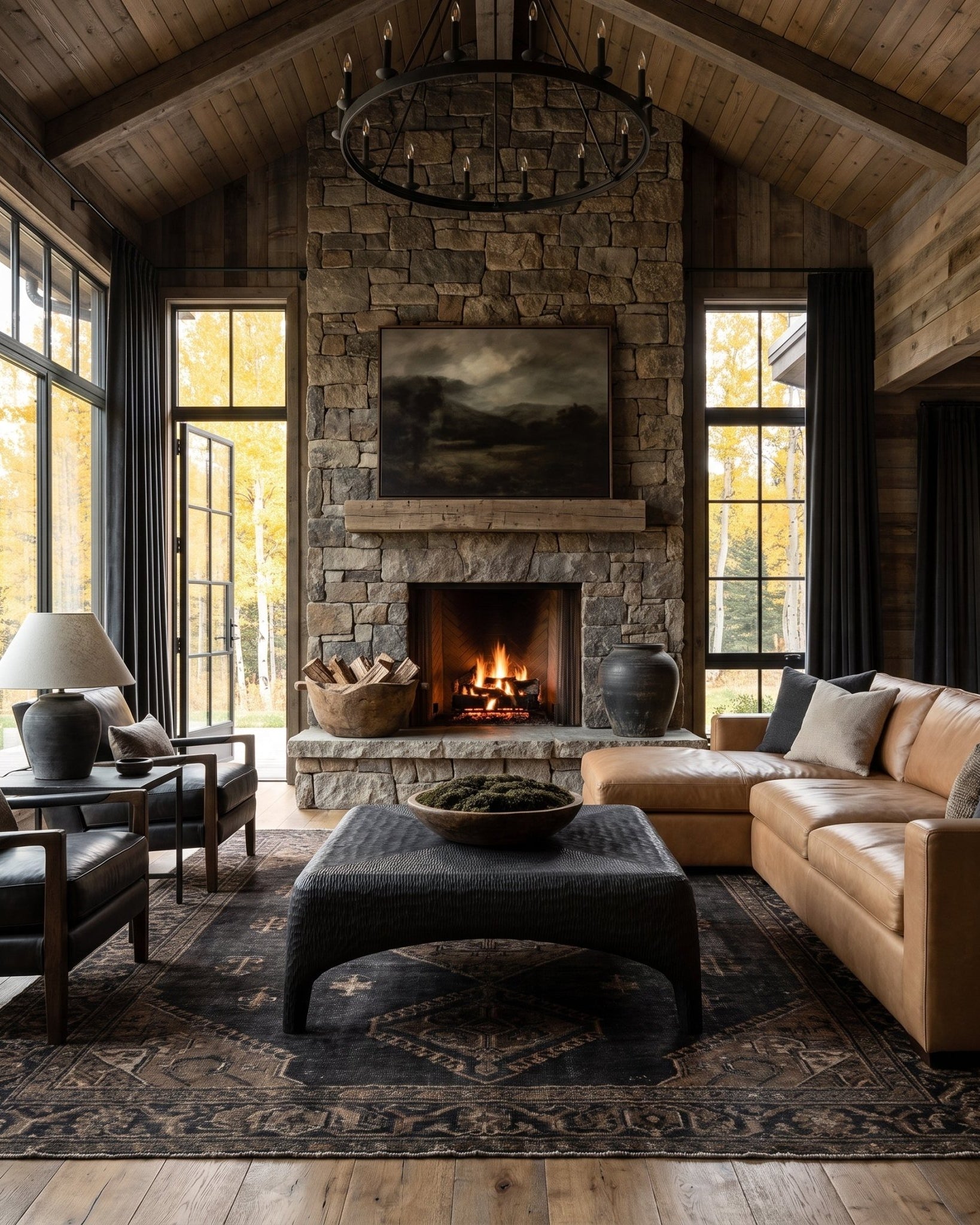 living room modern mountain carved wood coffee table Hello Norden - Alvhild Coffee Table, shown in a rustic modern room