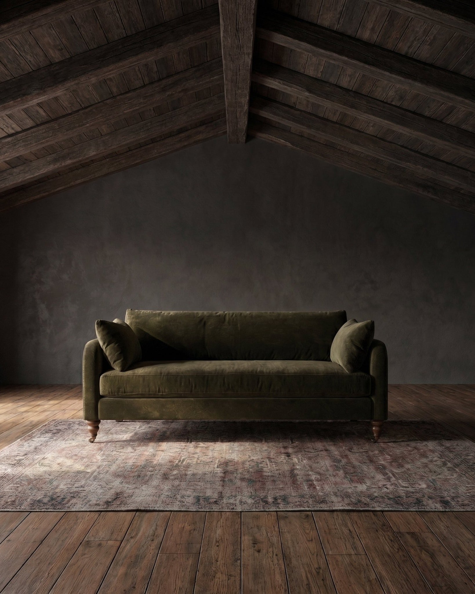 living room custom furniture modern mountain velvet sofa Hello Norden - Asbjorn Sofa in Banks Eco-Performance Velvet in Balsam, shown in a rustic modern room