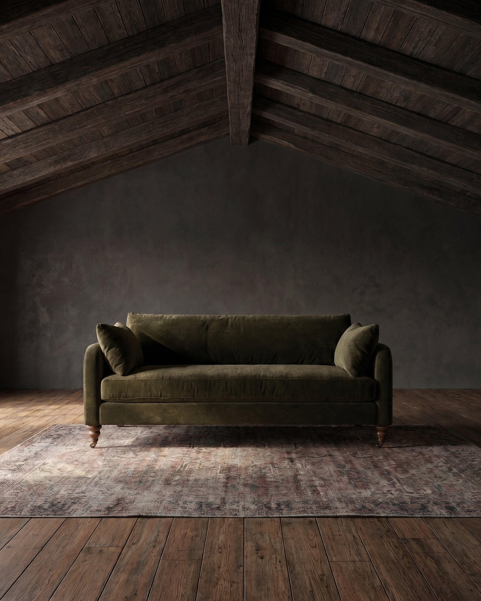 living room custom furniture modern mountain velvet sofa Hello Norden - Asbjorn Sofa in Banks Eco-Performance Velvet in Balsam, shown in a rustic modern room