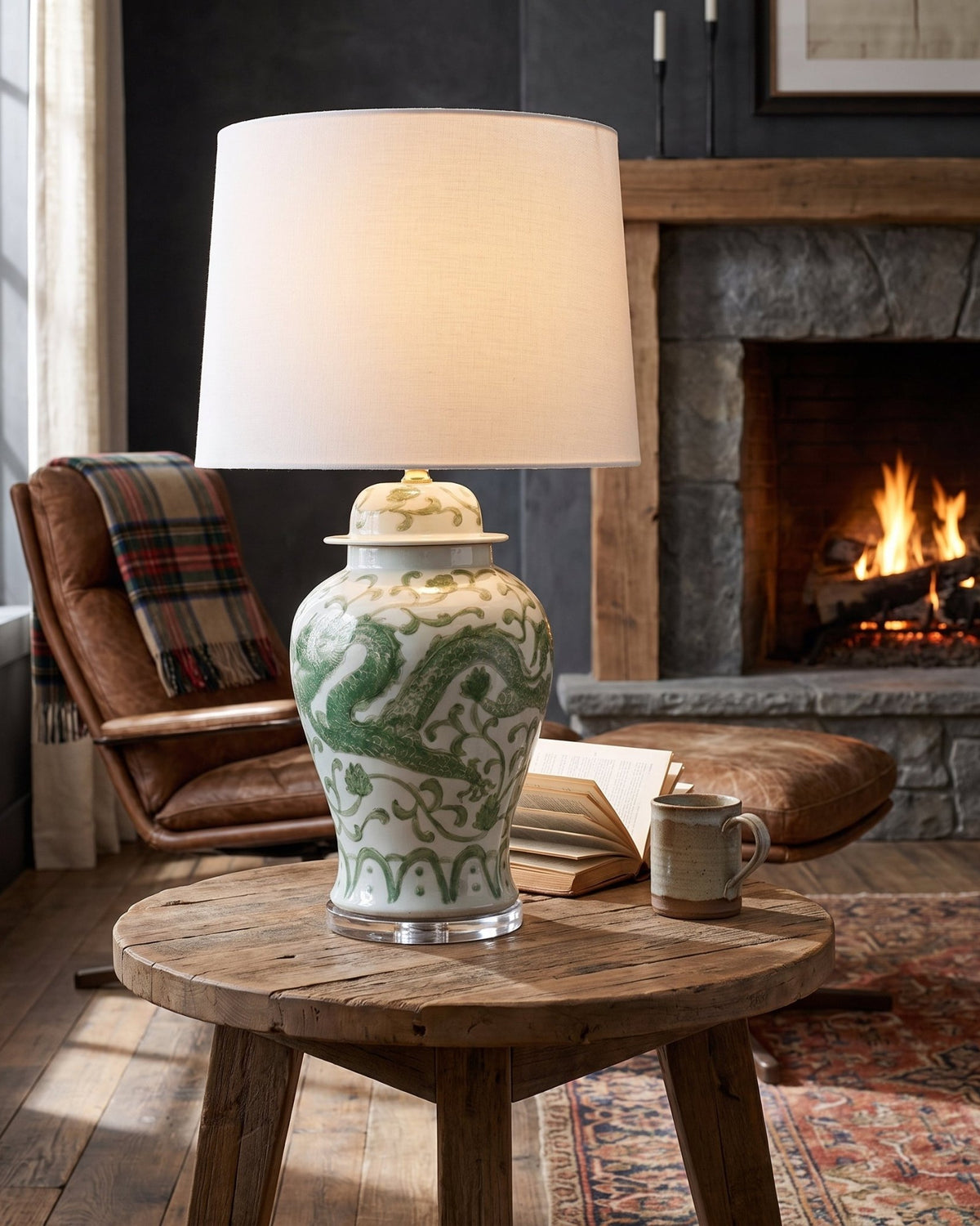 living room furniture modern mountain table lamp Hello Norden - Aslak Porcelain Hand-Painted Temple Jar Lamp, styled in a modern rustic room