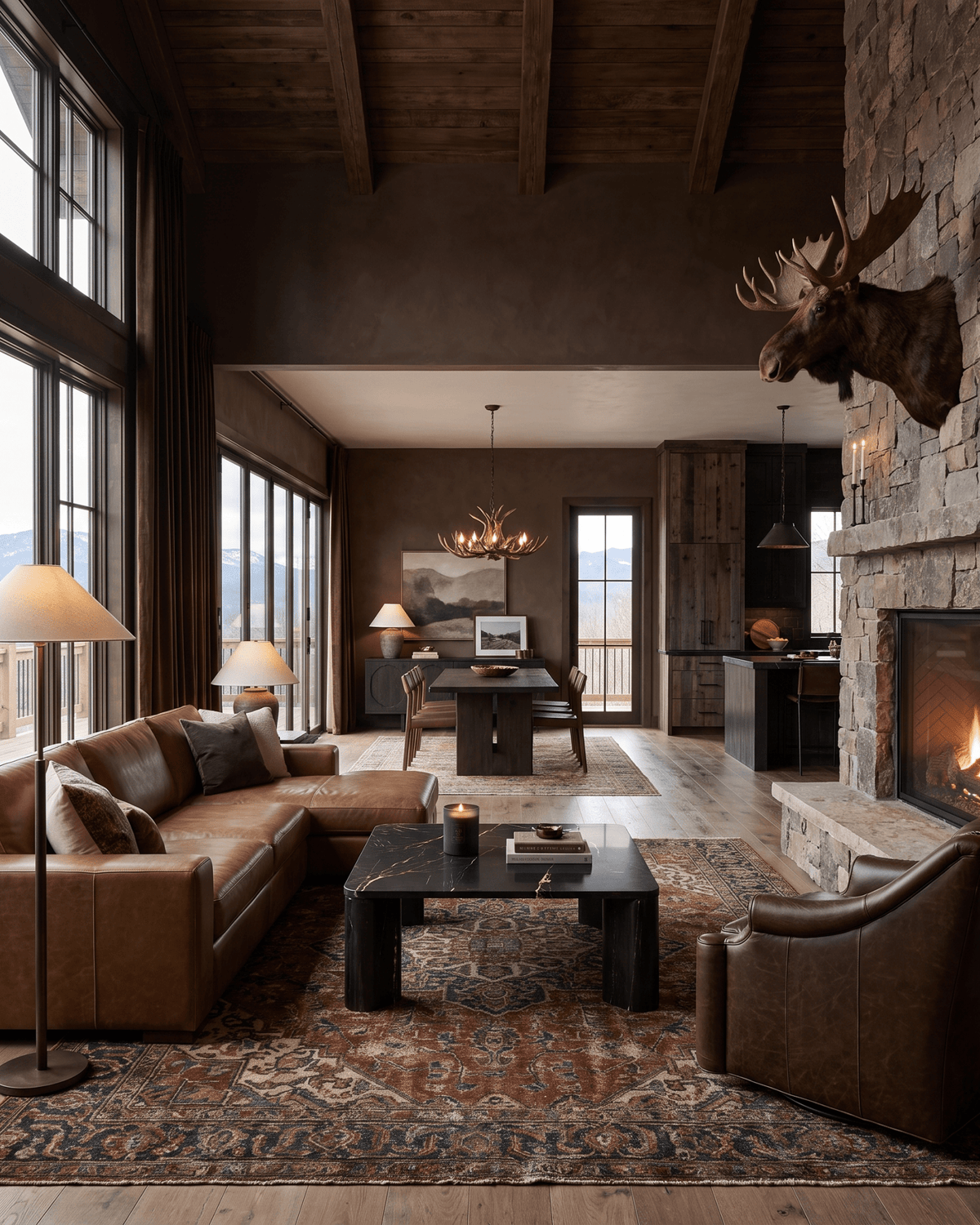 living room furniture modern mountain coffee table Hello Norden - Astri Marble Coffee Table, styled in a modern rustic room