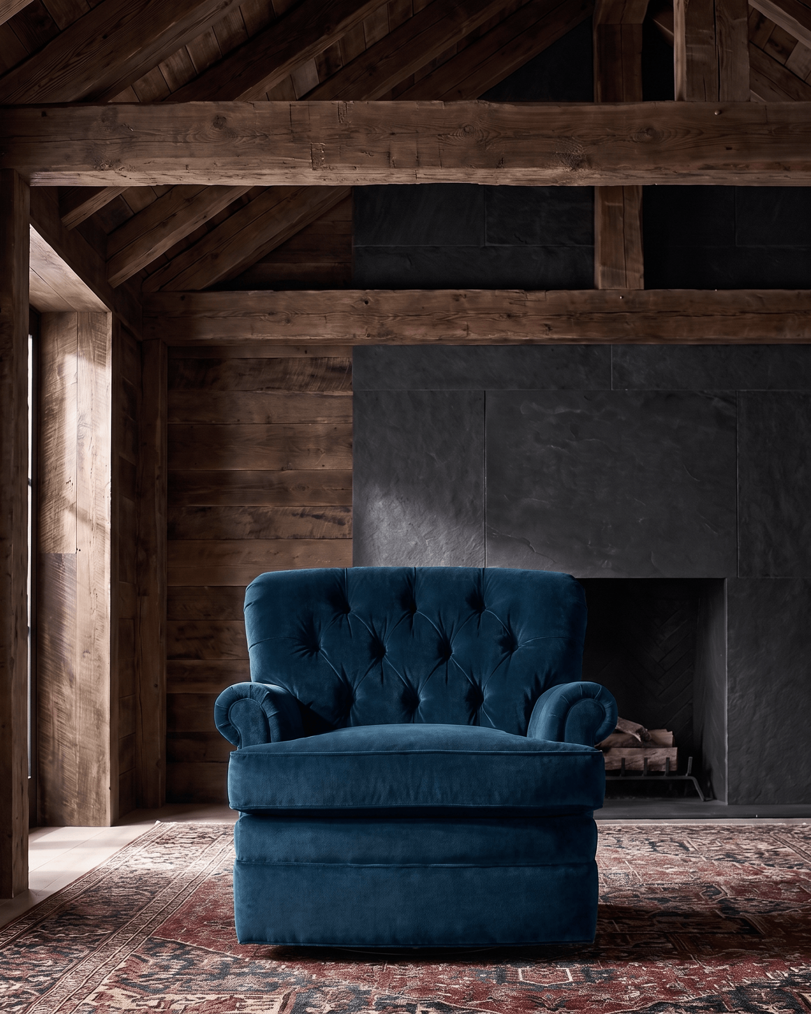 living room custom furniture modern mountain velvet chair Hello Norden - Astrid Lounge Chair in Banks Eco-Performance Velvet in Denim, shown in a rustic modern room